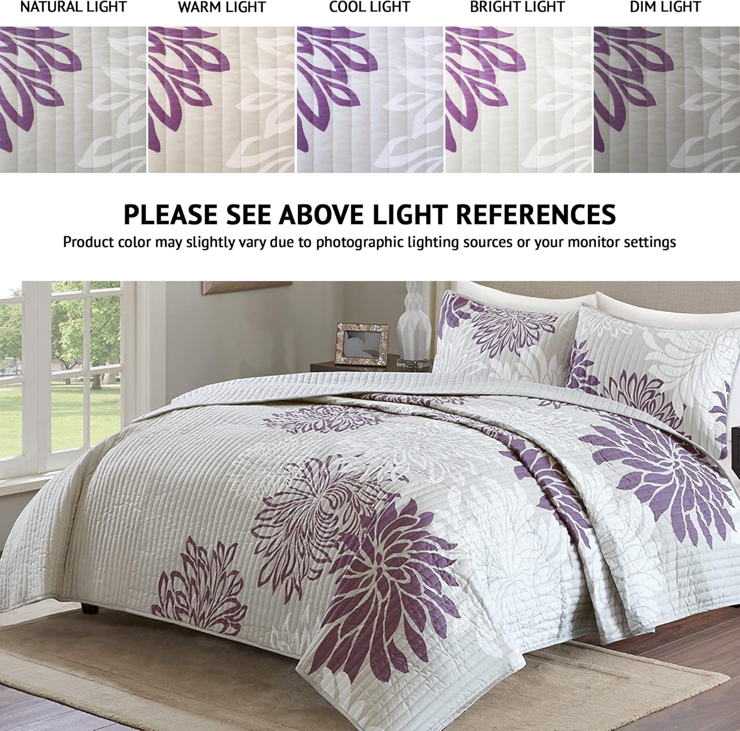 Comfort Spaces CS14-0066 Enya 3 Piece Quilt Coverlet Bedspread Ultra Soft Floral Printed Pattern Bedding Set, King, Purple-Grey image number 1