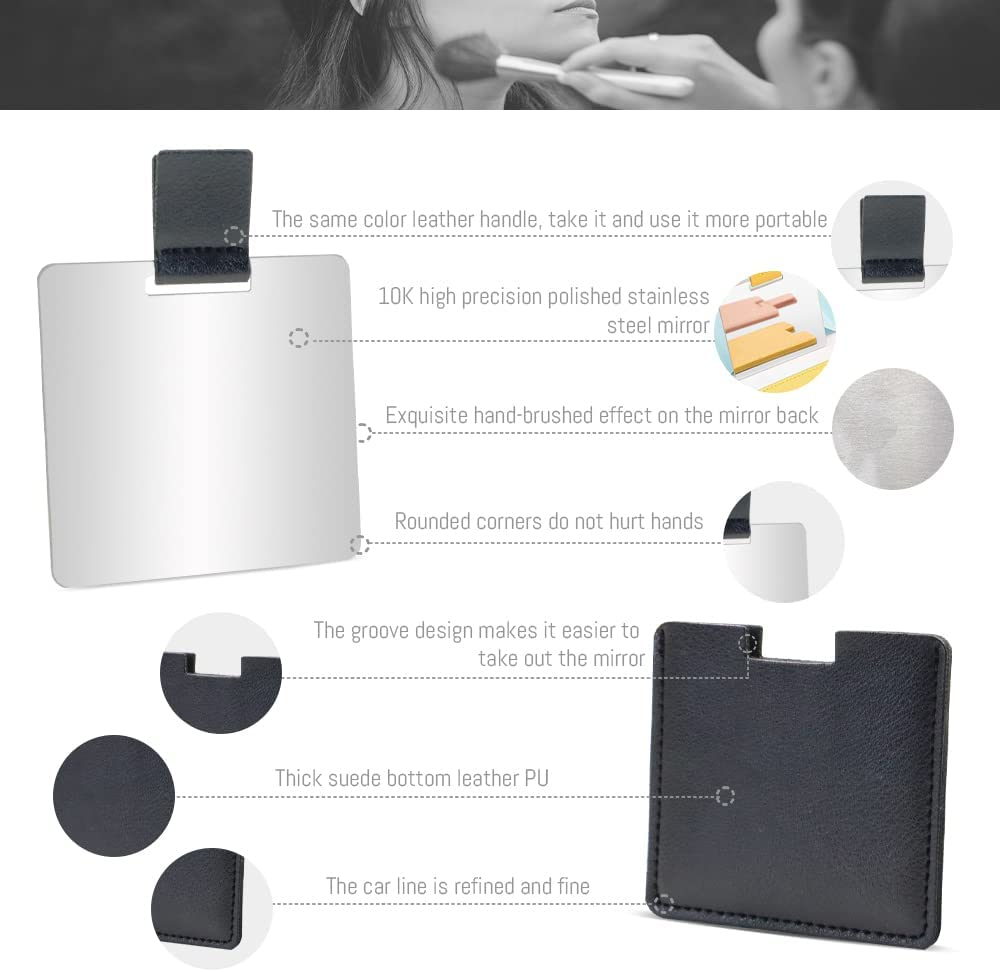Shatterproof Stainless Steel Compact Mirror for Purses, Unbreakable Mirror Travel with PU Leather Case Cover, Handheld Camping Shaving Mirror for Women & Men, Makeup, Gift (Black) image number 3
