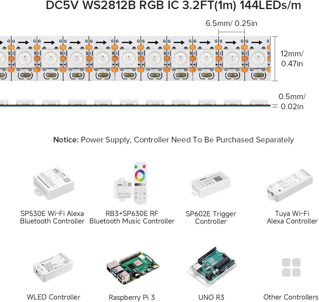 Btf-Lighting WS2812B 144Pixels/Meter Flexible FPCB Individually Addressable LED Strip Dream Color IP30 Non-Waterproof DC5V 1M Works with Arduino/Respberry/Neo/Etc image number 6