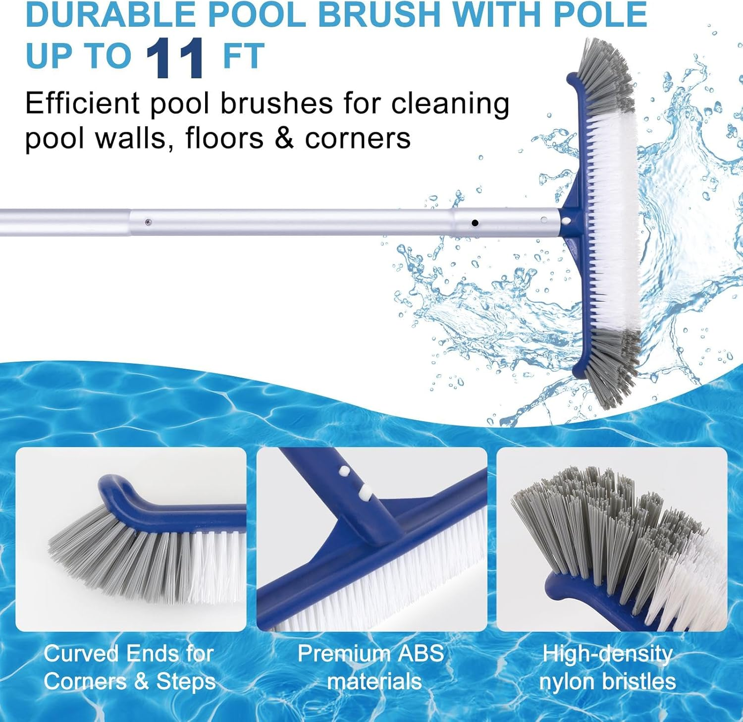 POOLAZA Pool Cleaning Kit, Including Pool Brush & Ultra Fine Mesh Pool Skimmer Net with Pole, Pool Net Skimmer & 17.5'' Pool Brush Head with 10.5Ft Aluminum Pool Pole, Pool Net and Brush with Pole image number 3