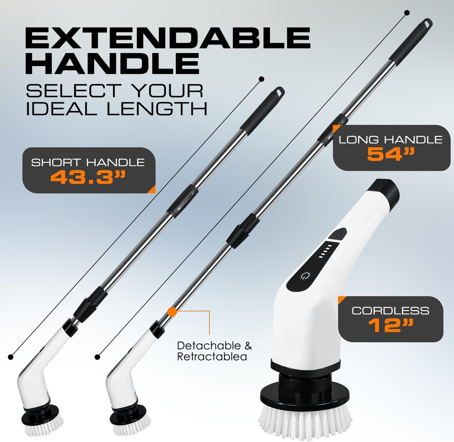 Electric Spin Scrubber, Cordless Shower Scrubber, 7 Replacement Brush Head, 1.5H Bathroom Scrubber Dual Speed, Shower Cleaning Brush with Extension Arm for Bathtub Tile Floor image number 6