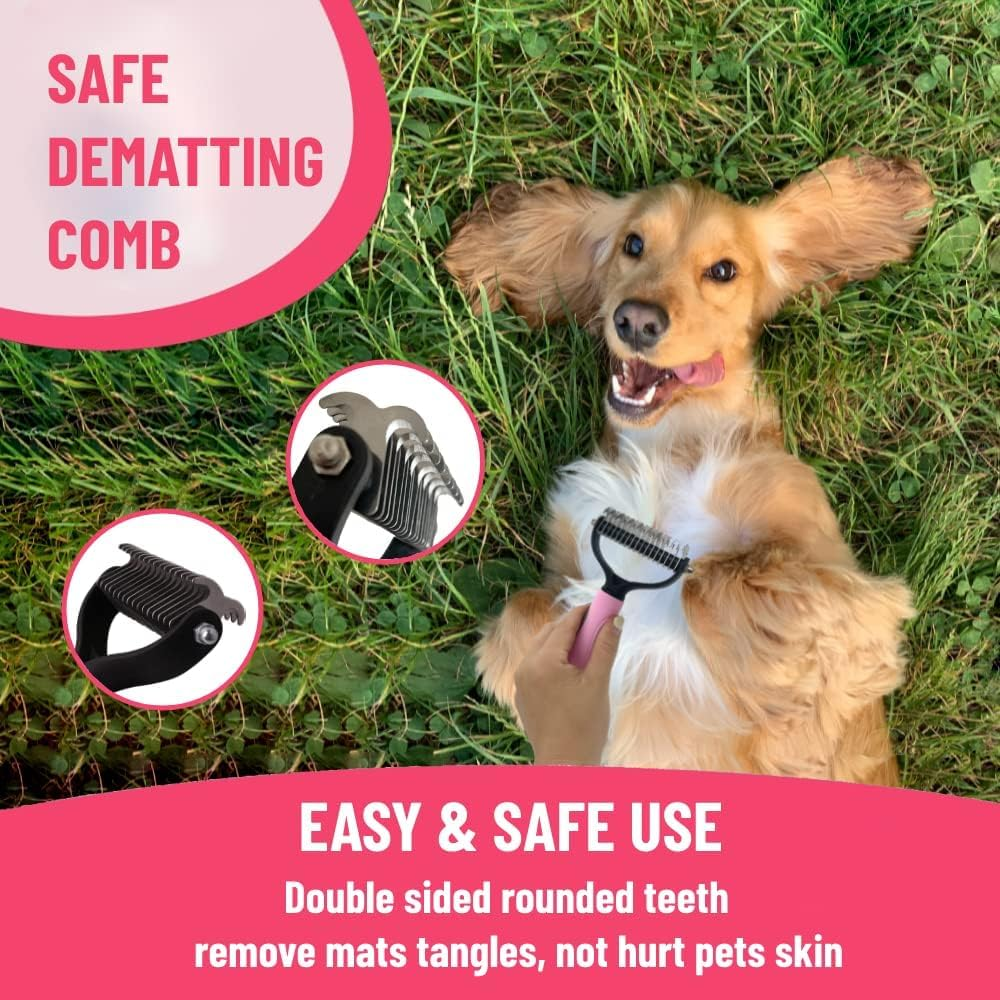 Dog Grooming Kit Pink - Deshedding Dog Brush, Pet Brush, Cat Brush, Slicker Brush, Flea Comb, Puppy Brush Set image number 6