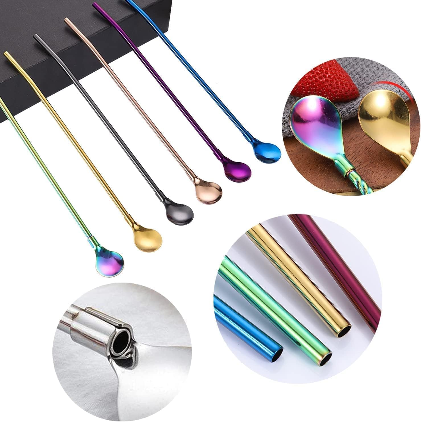 Betterjonny 14Pcs Stainless Steel Drinking Spoon Straws - 2 in 1 Long Handle Reusable Straws with 2 Cleaning Brushes for Latte Macchiato (7 Colors) image number 1