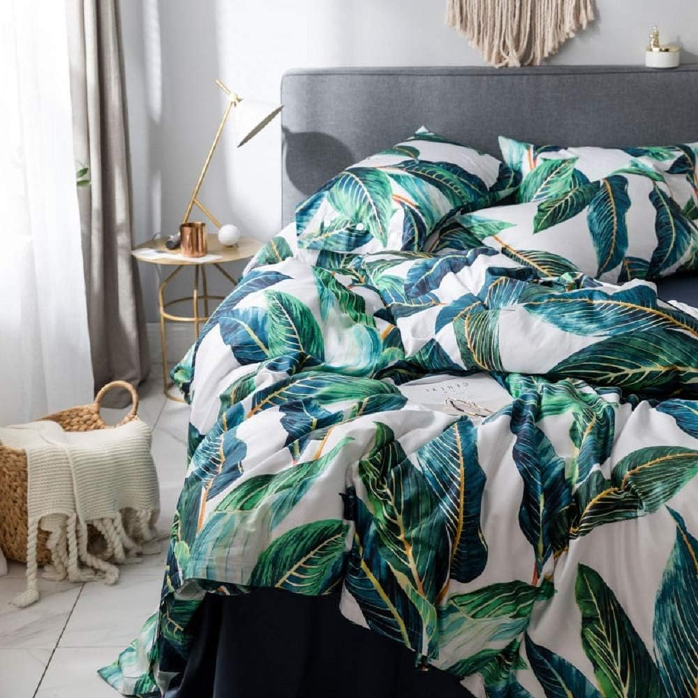 AMWAN Green Leaves Tropical Duvet Cover Set Queen Long Staple Cotton Floral Bedding Set Full Reversible 3 Pcs Leaves Comforter Cover Set 1 Duvet Cover with 2 Pillowcases Queen Bedding Collection image number 2