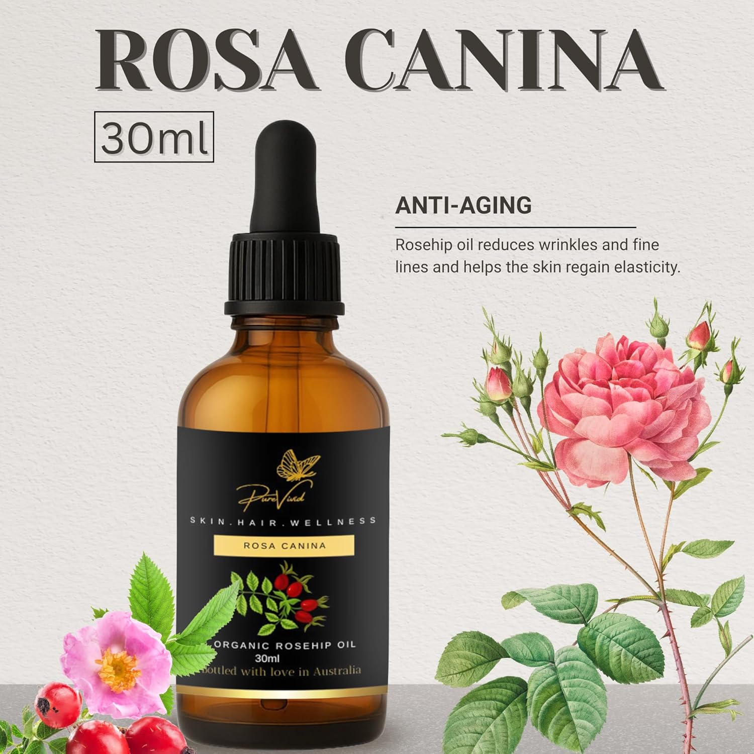 Pure Vivid Organic Rosehip Seed Oil 30Ml &ndash; 100% Pure Cold Pressed | Natural Unrefined Carrier Oil for Face, Skin, Hair & Nails | Non-Gmo |Oil for Daily Use | Amber Dropper Bottle