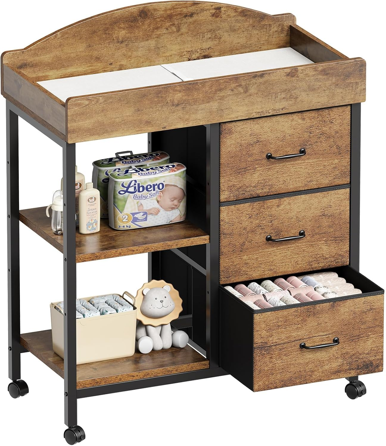 Changing Table Dresser, Baby Dresser with 3 Drawers and 2 Shelves, Multi-Functional Baby Changing Table with Pad, Classic Nursery Dresser, Diaper Changing Station for Children'S Room, Black