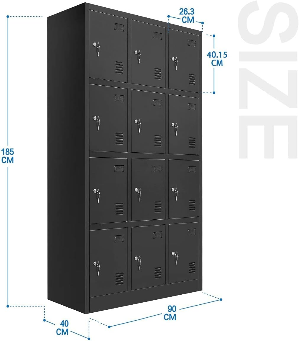 Locker Storage Cabinet 12 Doors Steel Office Storage with Lock for Gym Office School Home Stationary Classroom Black