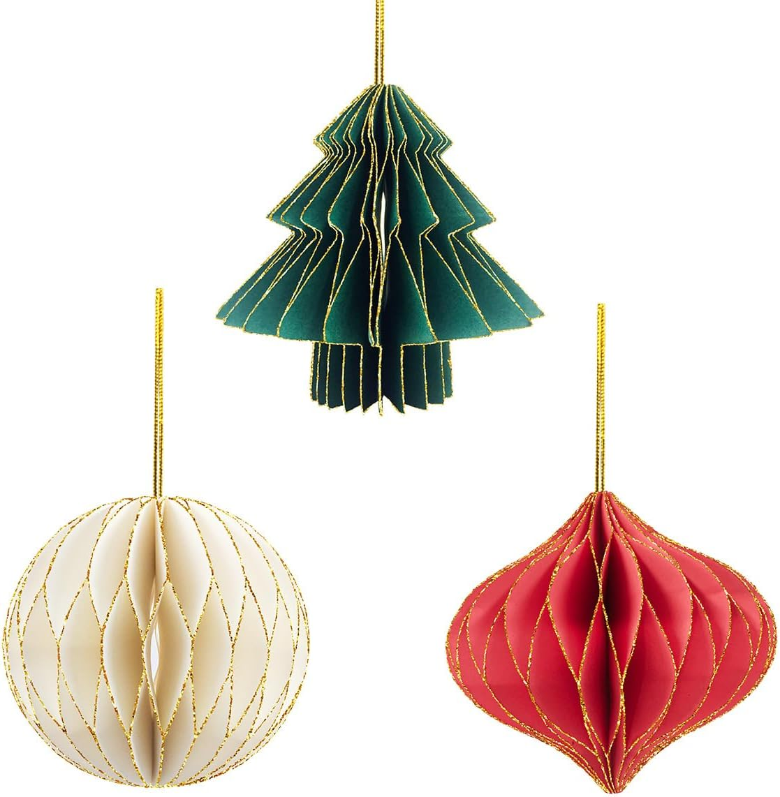 3 Christmas Tree Decorations - Christmas Mini Paper Honeycomb Ball Decoration - with Christmas Tree, Red Lantern and White Ball - Perfect for Christmas Party Decoration