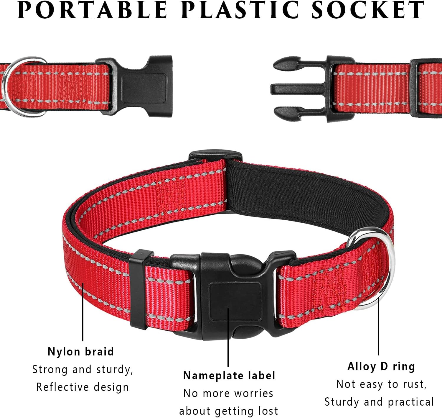 Reflective Nylon Dog Collars, Adjustable Classic Dog Collar, Dog Accessories Collar, Black Buckle Reflective Collar, for Small Medium Large Dogs with Buckle Heavy Duty Basic Dog Collar image number 3