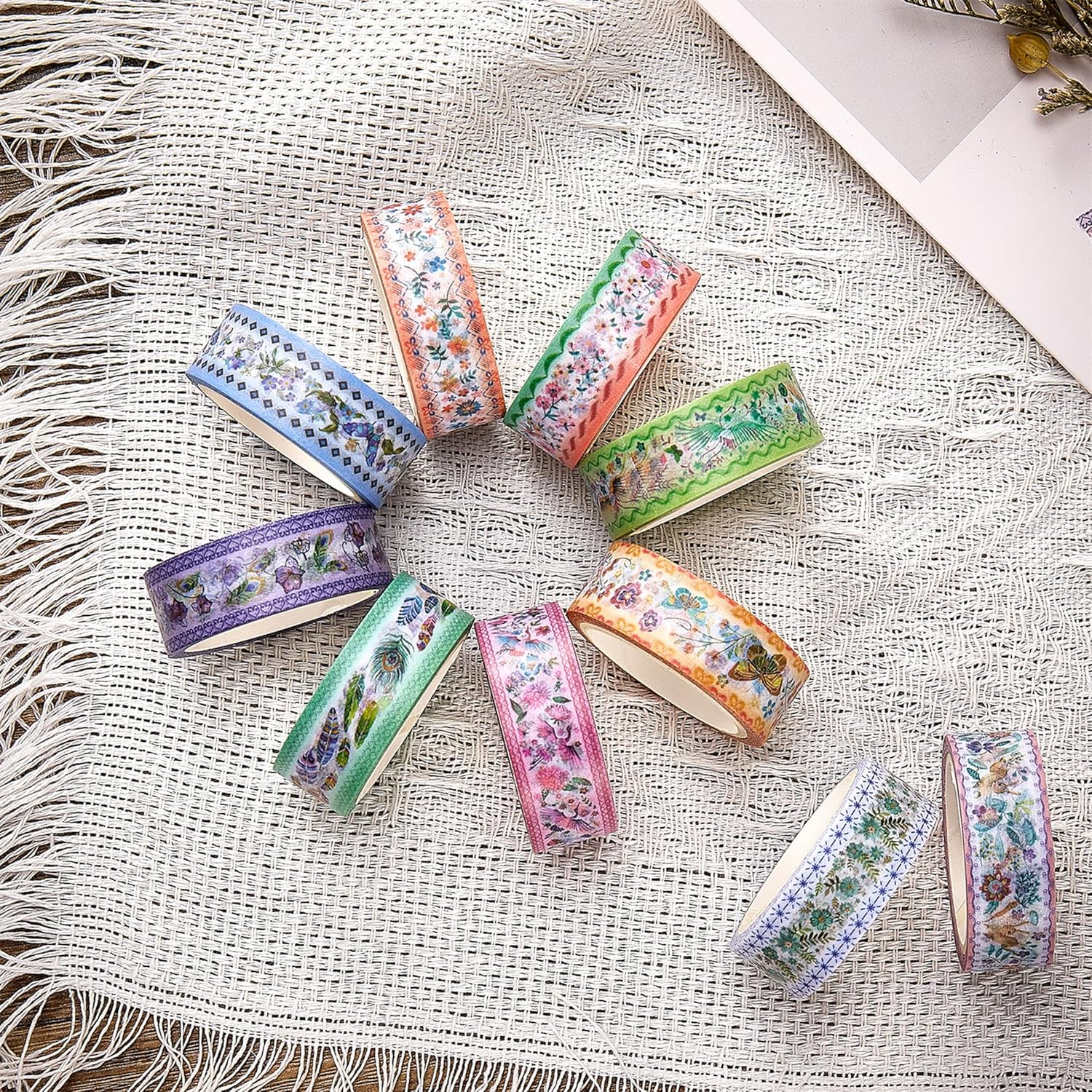 YUBBAEX 10 Rolls Embroidery Pattern Washi Tape Set - Decorative Adhesive Masking Tape for Scrapbooking, Journaling, DIY Crafts, Gift Wrapping &ndash; Vintage Floral and Nature Designs image number 2