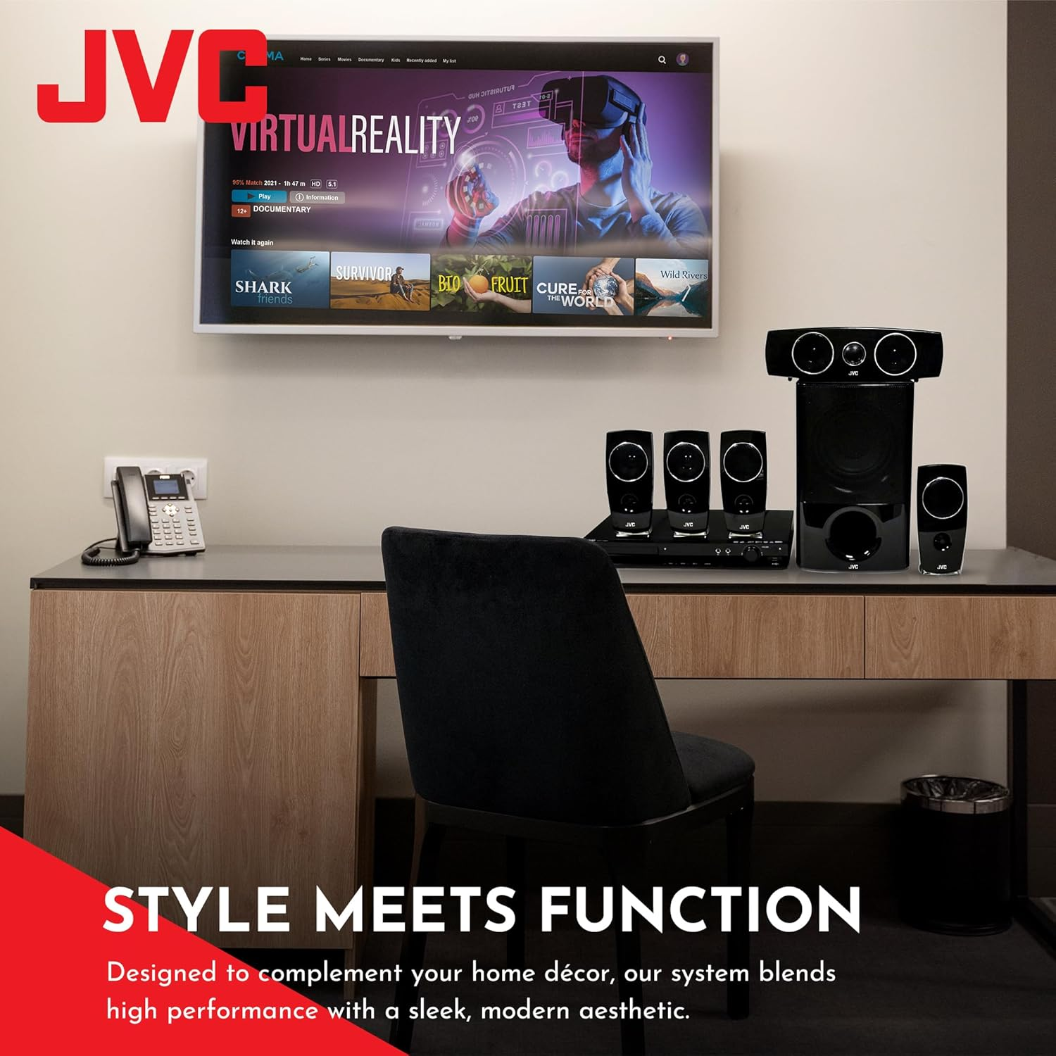 JVC Home Theatre System | 5.1 Surround Sound System for TV | Portable DVD Player with 5 X 60W Passive Speakers & 150W Powered Subwoofer | Digital Amplifier, Karaoke Function, Bluetooth, USB (TH-N888B) image number 4