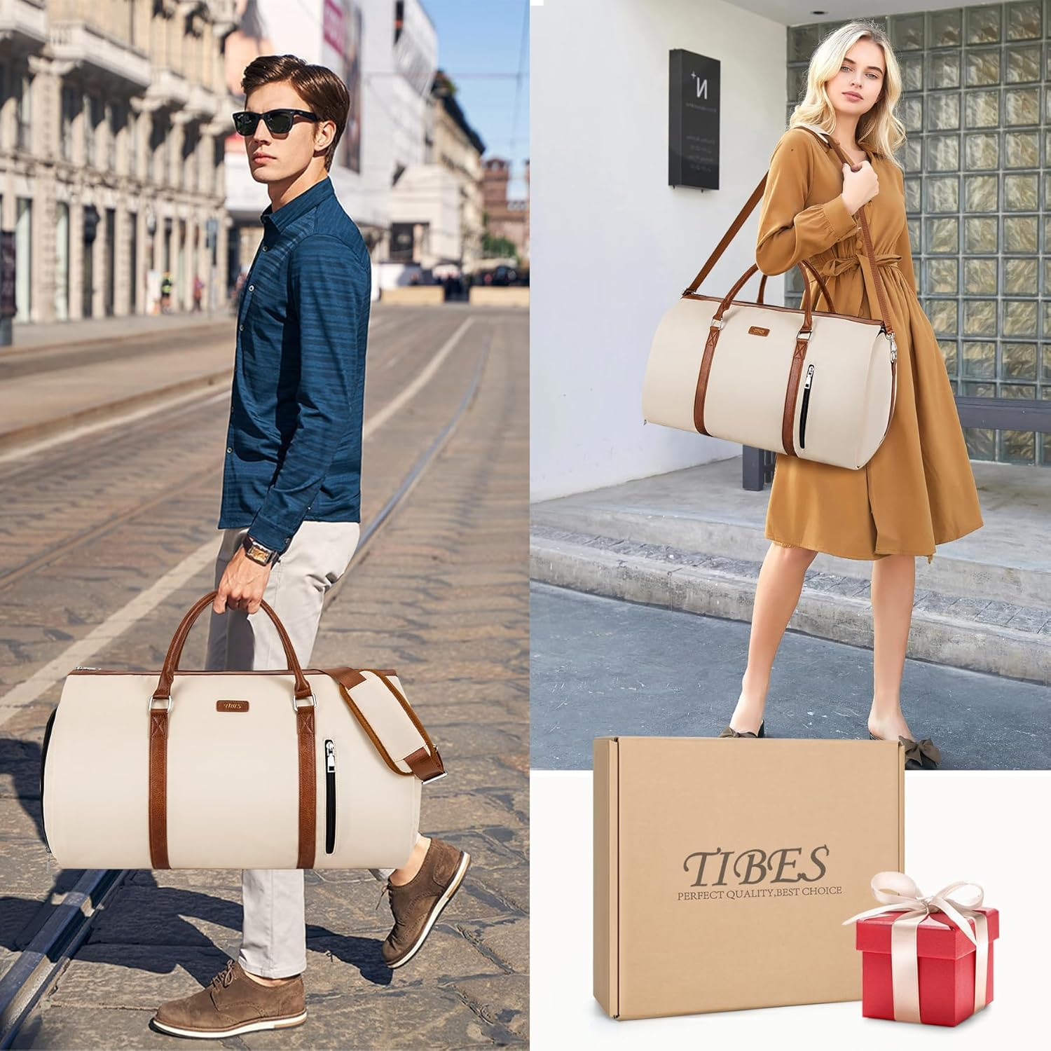 Convertible 2-In-1 Garment Bags for Travel, Carry on Garment Duffle Bag with Shoe Compartment Large Weekender Bag for Women Men Hanging Suitcase Suit Travel Duffel Overnight Bags 4Pcs Set, A-Off White - A1-Black image number 4