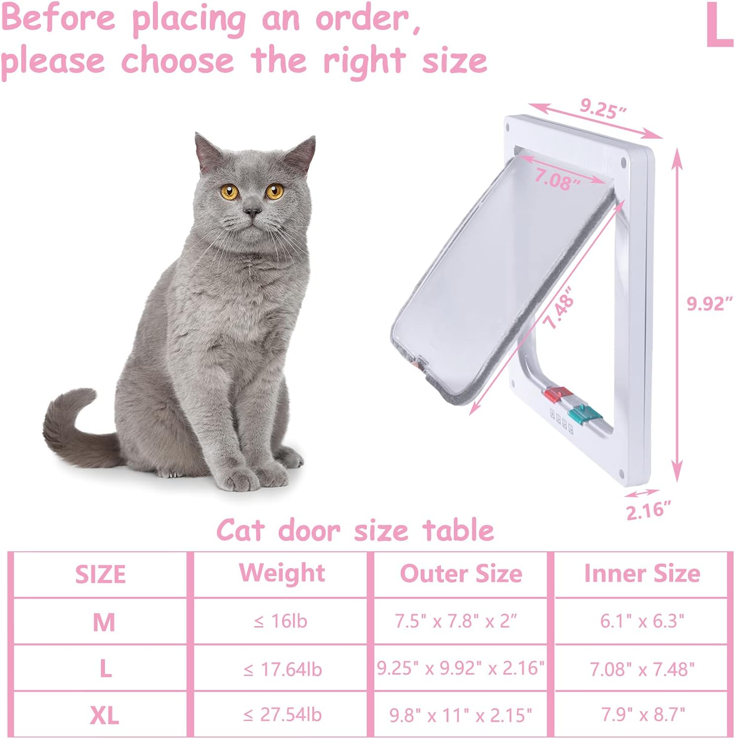 Goteamghjkl Cat Door Flap (Outer Size 9.9" X 9.2"), 4 Way Locking Large Cat Door for Interior Exterior Doors, Weatherproof Pet Door for Cats Doggie Kitties and Kittens with Circumference < 24.8" image number 3