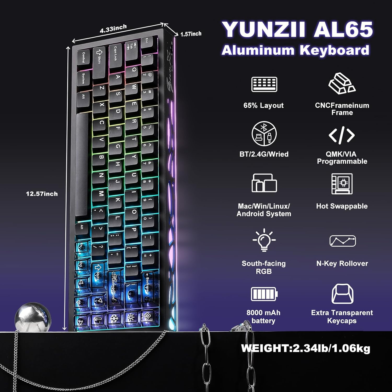 YUNZII AL65 Wireless Mechanical Keyboard,Support QMK/VIA Aluminum Gaming Keyboard,Gasket Structure,60% Hot Swappable with RGB Backlit Custom Keyboard for Mac/Windows (Black, Zero Linear Switch) image number 6