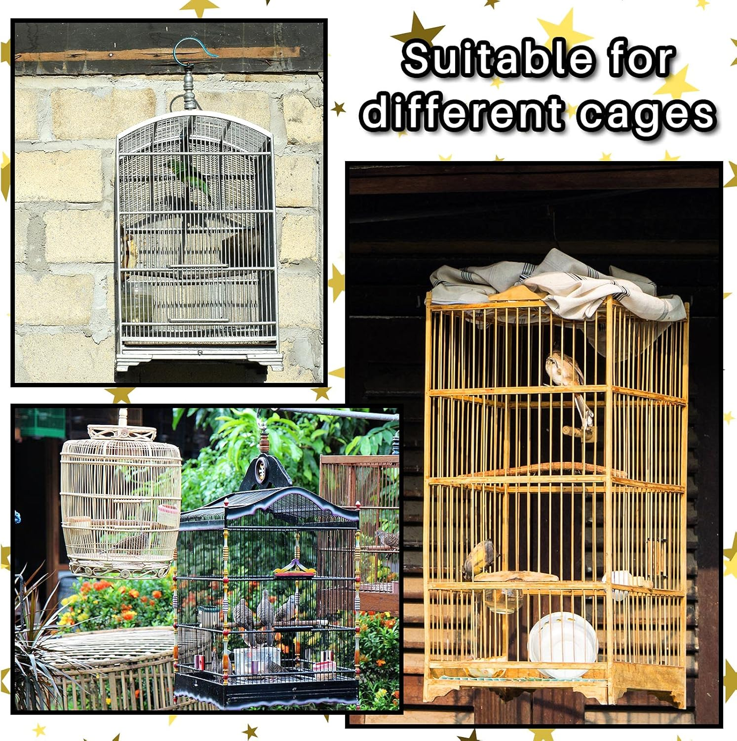 Large Bird Cage Cover Birdcage Nylon Mesh Net Cover Seed Feather Catcher Twinkle Star Universal Birdcage Cover Bird Seed Guard Skirt for Parakeet Macaw African Square Cage (White) - White image number 4