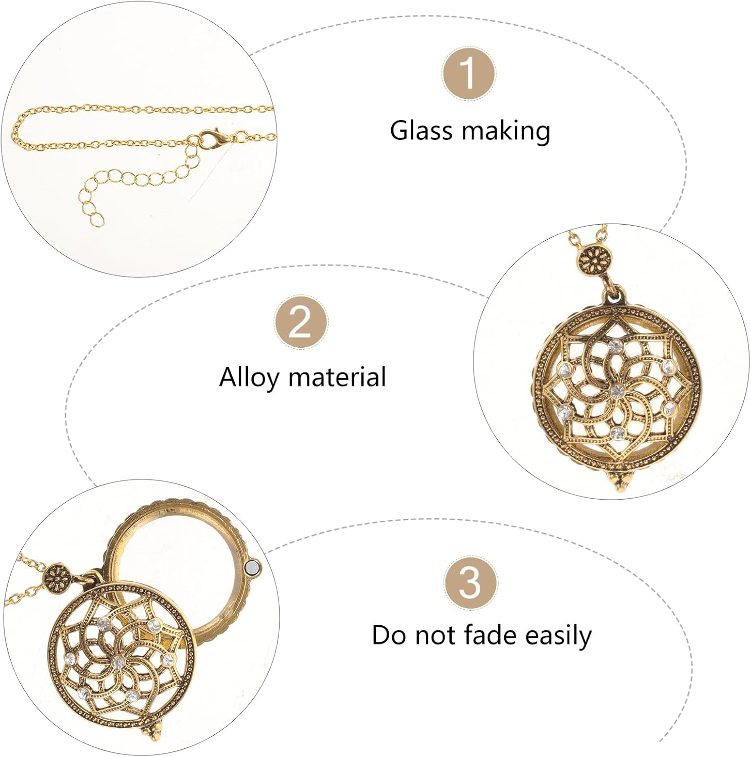 Healvian Retro Magnifying Glass Necklace Pendant Vintage Flower Design Reading Magnifier Lens for Books Crafts Inspection image number 4