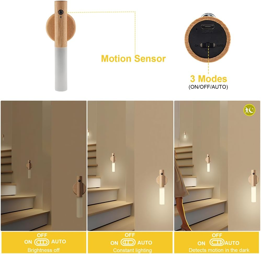 WCIC Motion Sensor Night Lights Magnet Body Sensor Hallway Night Lights Rechargeable Led Light Portable Stairway Night Lights Wooden Wall Sconce Battery Powered Cabinet Lights (White Ash 2PCS) image number 4