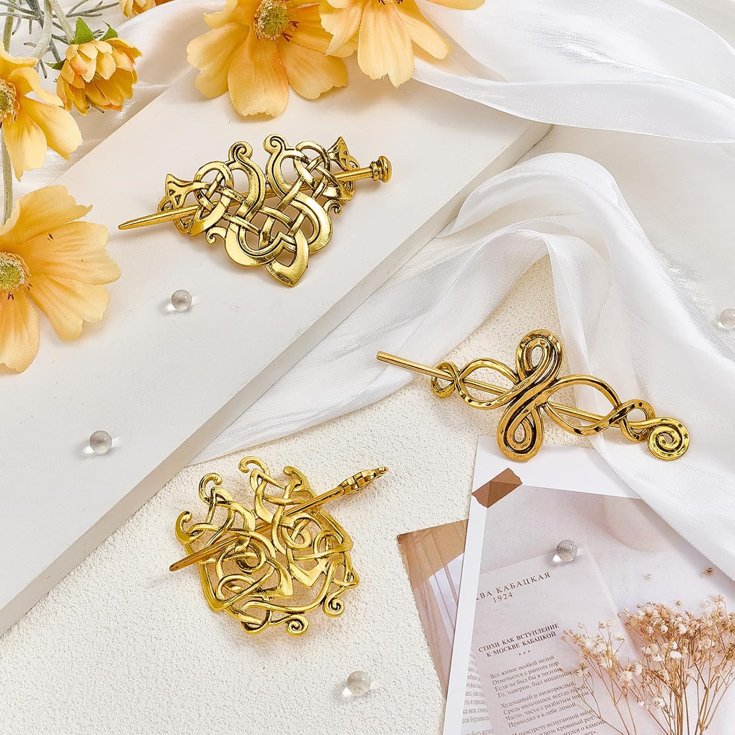 NICENEEDED 3 PCS Vintage Viking Celtic Shawl Hairpins, Crossed Knots Barrette Spiral Crocheted Hair Clips, Retro Ancient Gold Hair Accessories for Women Scarf Sweater
