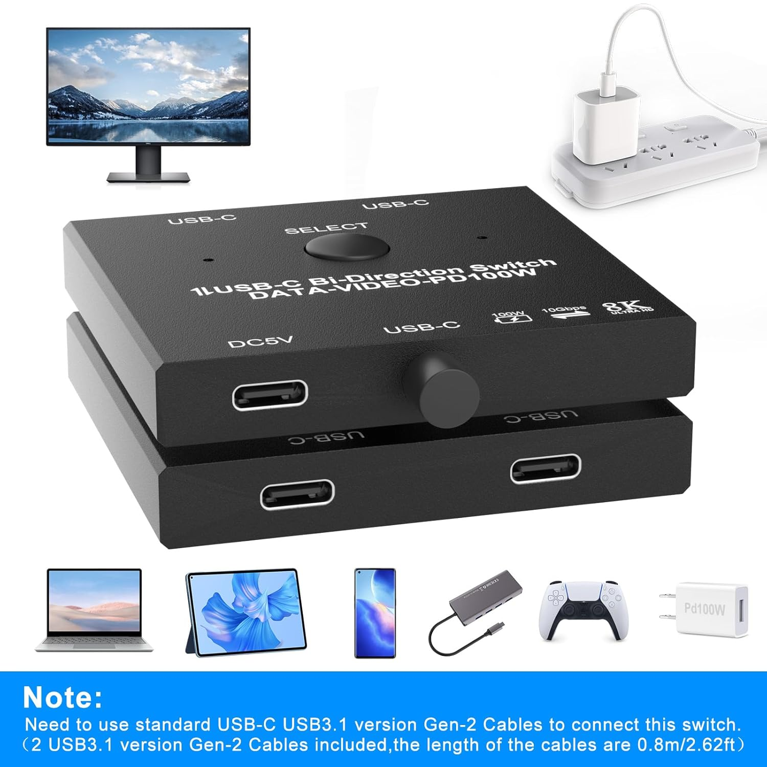 8K USB-C Switch for 2 Computers - 8K@60Hz/4K@144Hz KVM with Wired Remote & 2 Cables, Bi-Directional, for 100W Charging+10Gbps Data+Video Transfer image number 6
