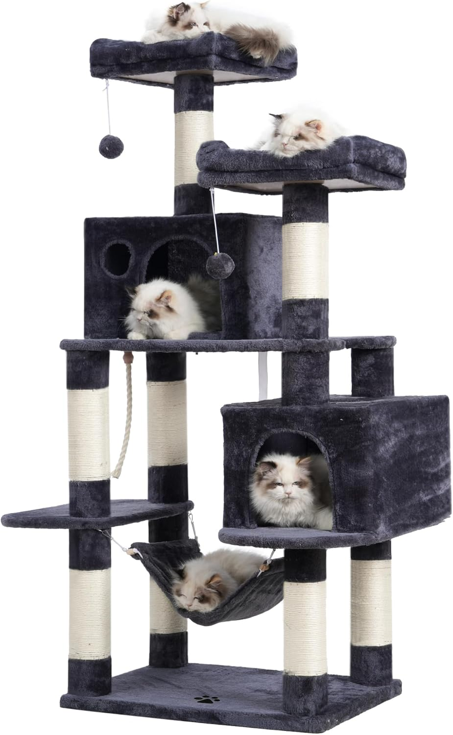 Hey-Brother Large Multi-Level Cat Tree Condo Furniture with Sisal-Covered Scratching Posts, 2 Bigger Plush Condos, Perch Hammock for Kittens, Cats and Pets Smoky Gray MPJ020G