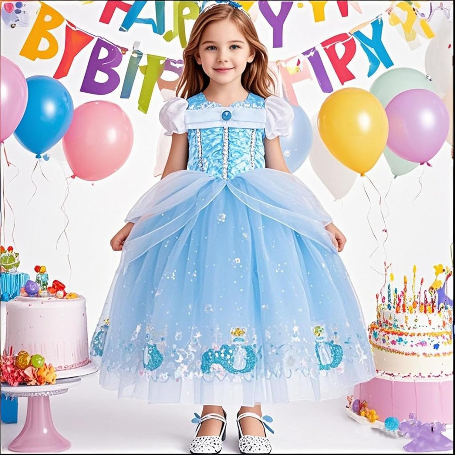 Princess Dresses for Girls Little Kids Blue Princess Costume Cosplay Outfit Birthday Halloween Prom Party Dress Up image number 4
