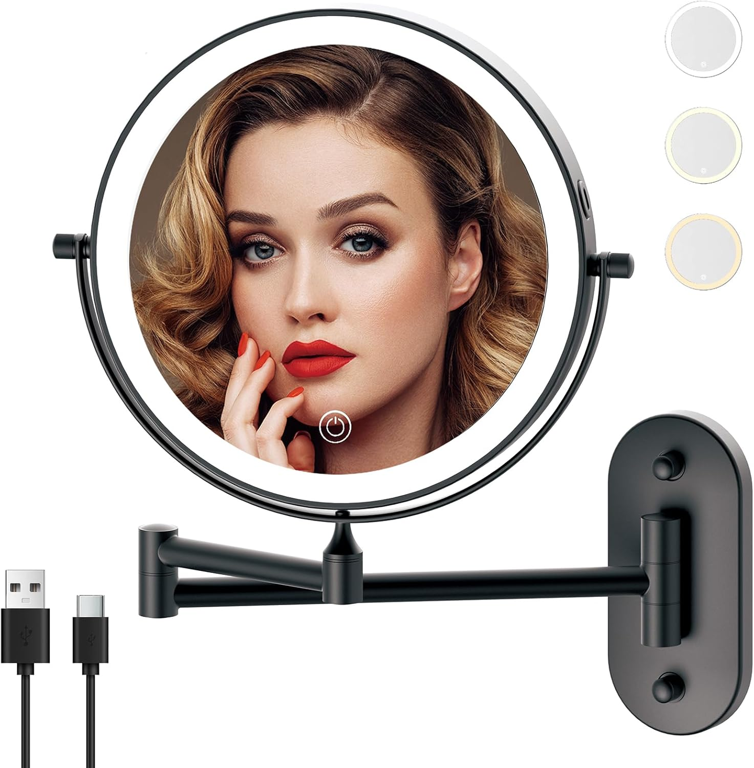MIROAMZ Rechargeable Wall Mounted Lighted Makeup Vanity Mirror 8 Inch Double Sided 1X 10X Magnifying Bathroom Mirror, 3 Color Lighting, Touch Screen Dimming, 360 Rotation Shaving Mirror
