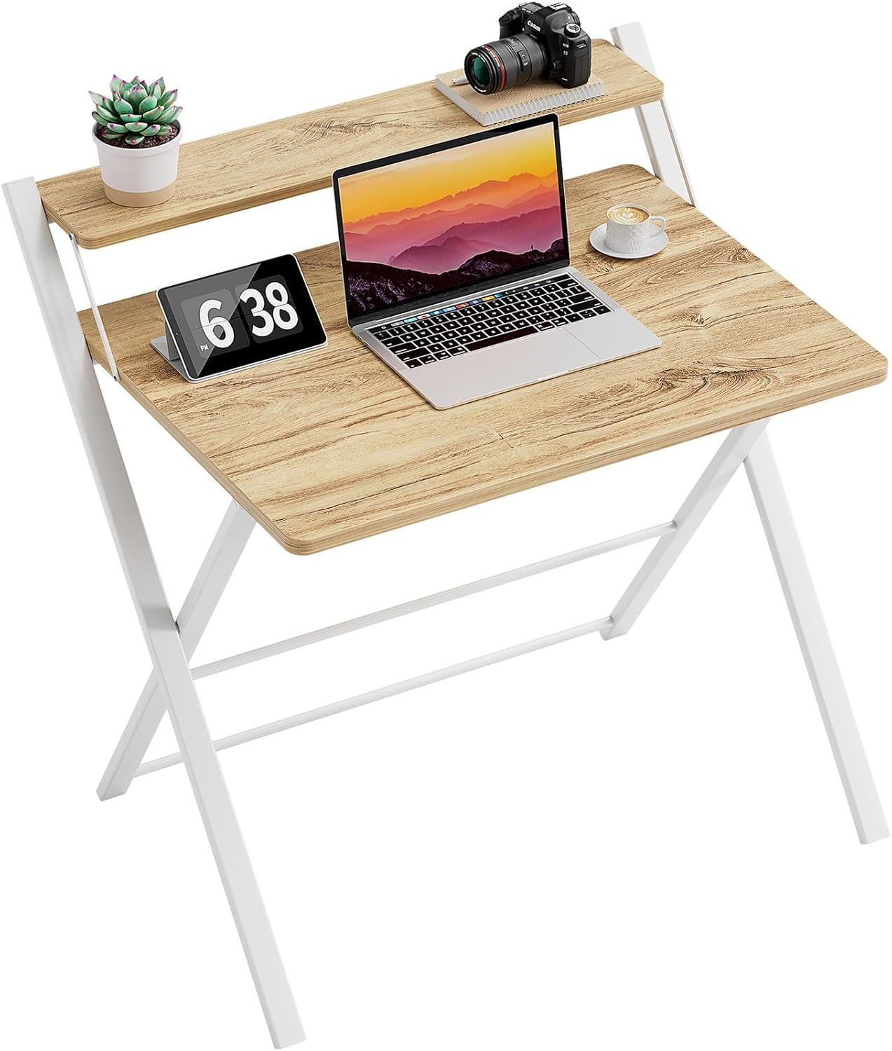 Folding Desk No Assembly Required Small Size, 2-Tier Foldable Computer Desk with Shelf for Home Office, Space Saving Portable Laptop Study Foldable Table for Small Spaces (Oak, 69 X 56 Cm)
