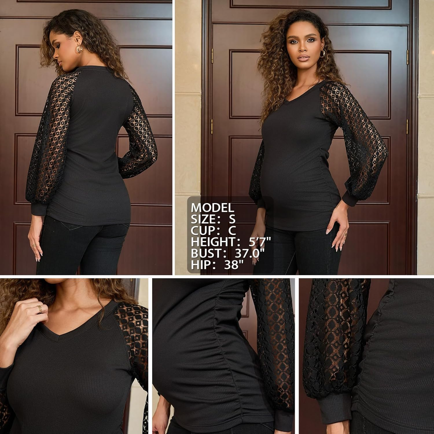 Bhome Womens Maternity Shirts Crochet Lace Long Sleeve V-Neck Pregnancy Tops Casual Tee Blouses image number 5