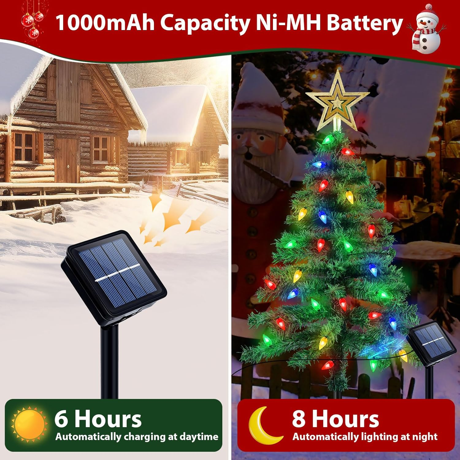 Ninonly Solar Christmas Tree Light 2 Pack, 1.1M 1000Mah Solar Powered Christmas Garden Light 8 Modes Waterproof C6 Strawberry 100Leds Solar Yard Stake Pathway Lights for Christmas Outdoor Decoration