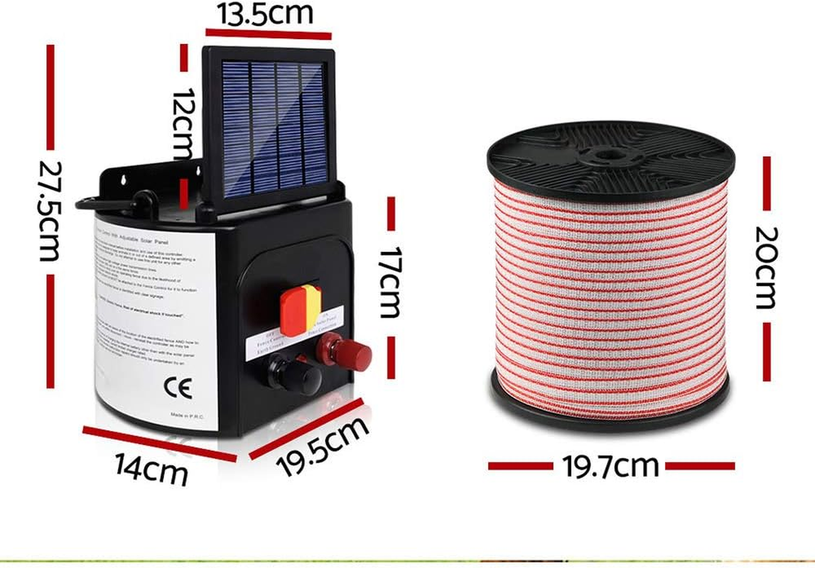 Giantz Fence Energiser 5Km Solar Energizer Charger Electric Wire, Fencing Equipment, 0.15J Discharge Energy Lead Sealed Battery Panel 400M Polytape Width 12Mm