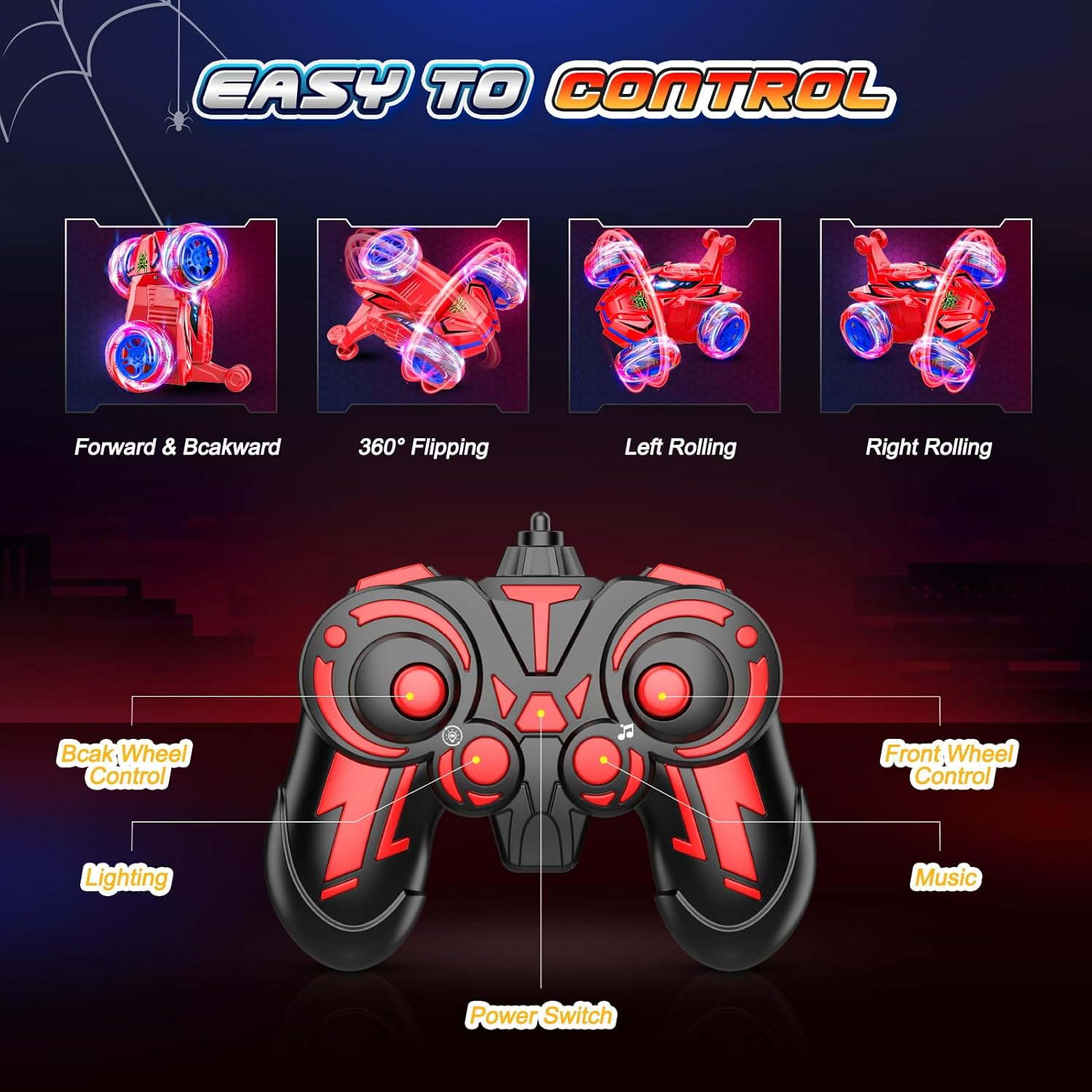 Spider Remote Control Car for Kids, Vingtank Stunt Car Boys Toys Age 3-9 RC Car for Kids 3 4 5 6 7 8 9 Year Old Christmas Birthday Gifts for Boys 3-5 Years Old Girls image number 2