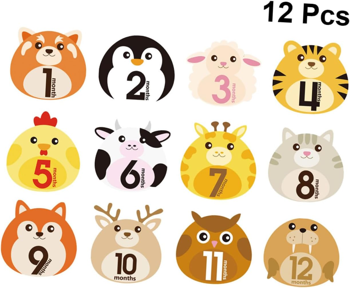 GALPADA 12 Sheets Animal Design Monthly Milestone Stickers Self-Adhesive Decals for Newborns Reusable Belly Stickers for Memorable Photo Albums image number 2