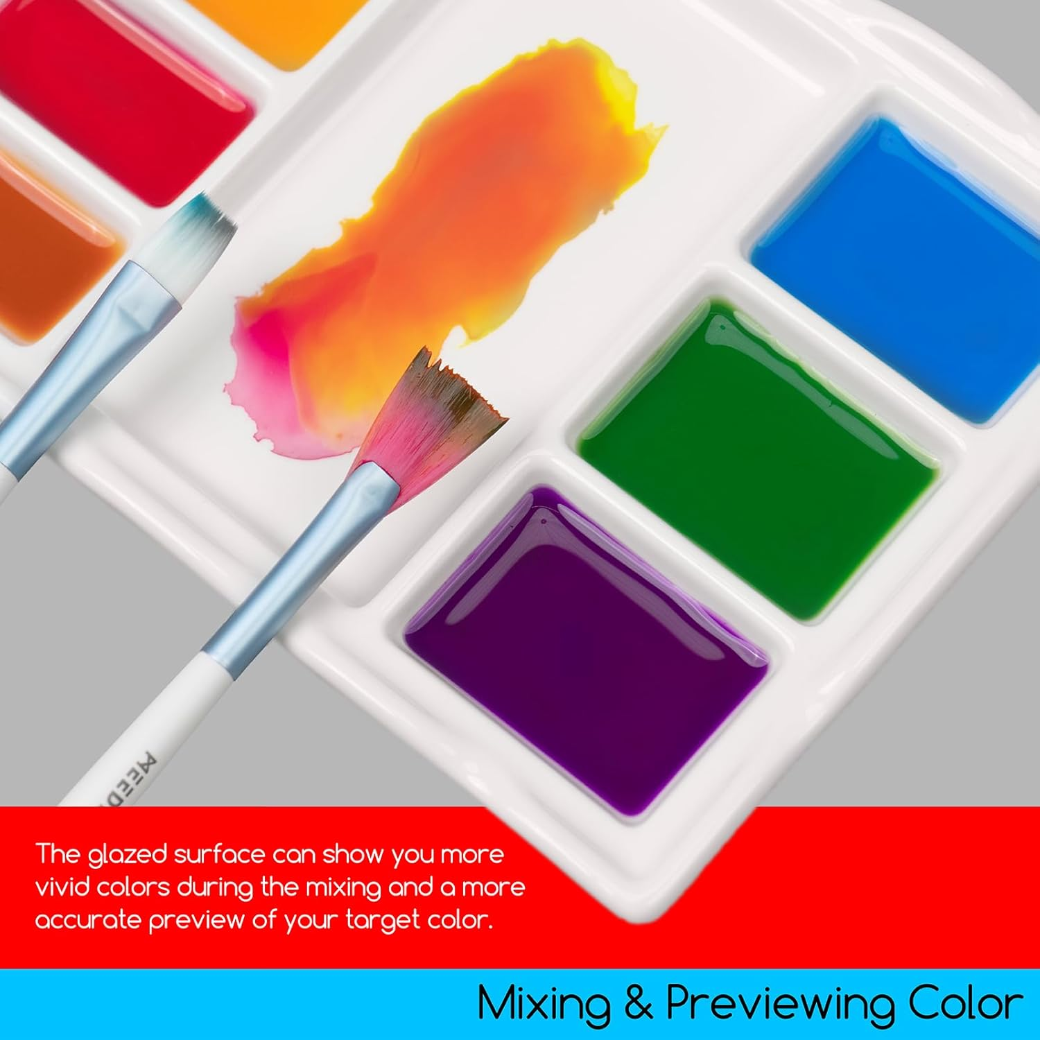 MEEDEN 8-Well Ceramic Artist Paint Palette with Brush Holders, Porcelain Mixing Tray for Watercolor, Gouache, Acrylic Painting, 7&rdquo;X 5.2&rdquo;X 0.6&rdquo; image number 2
