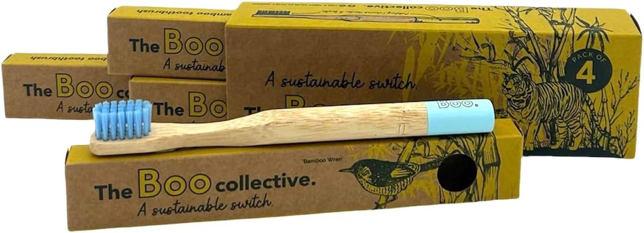 The Boo Collective Bamboo Children Toothbrush Set, Soft Toothbrush for Kids and Toddlers, Black Children Toothbrushes with Soft Bristles, Vegan, Sustainable, Australian-Owned Brand, Pack of 4