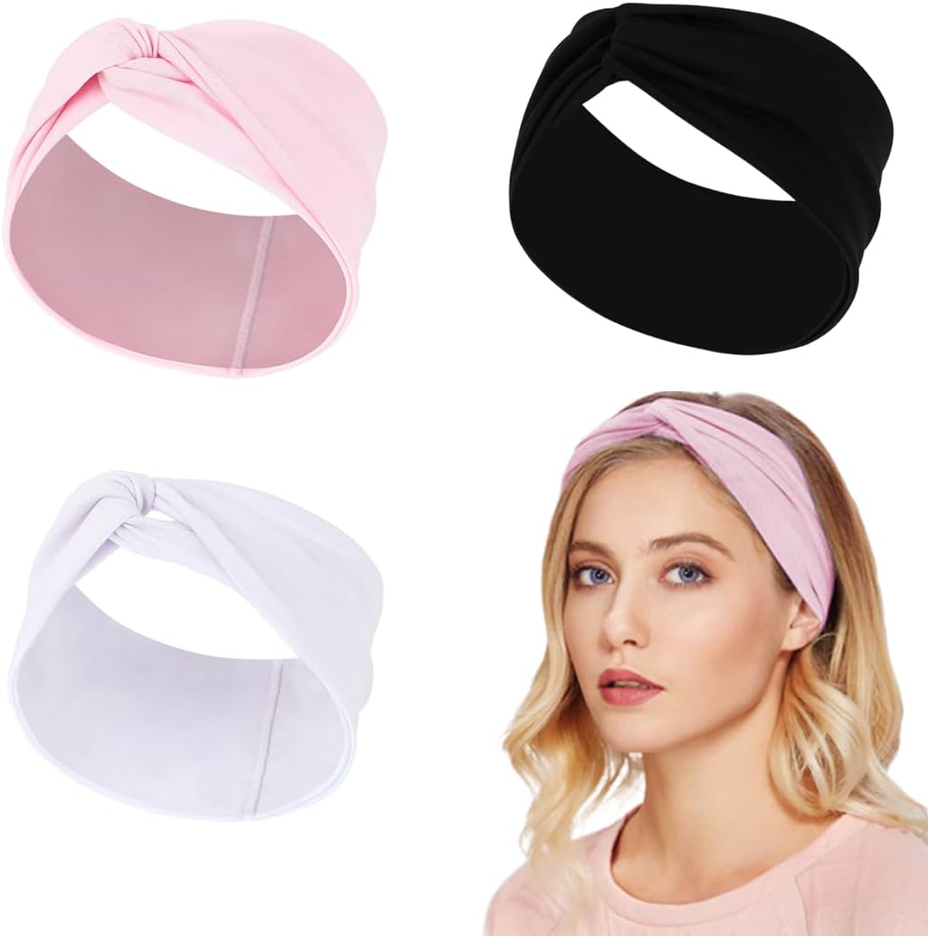 WUSJCOF Pack of 3 Elastic Headbands, Summer Cotton Cross Headband, Wide Headband, Knot Sports Headwrap, Yoga Headband, Hair Accessories for Women Girls (Black, White, Pink) image number 4