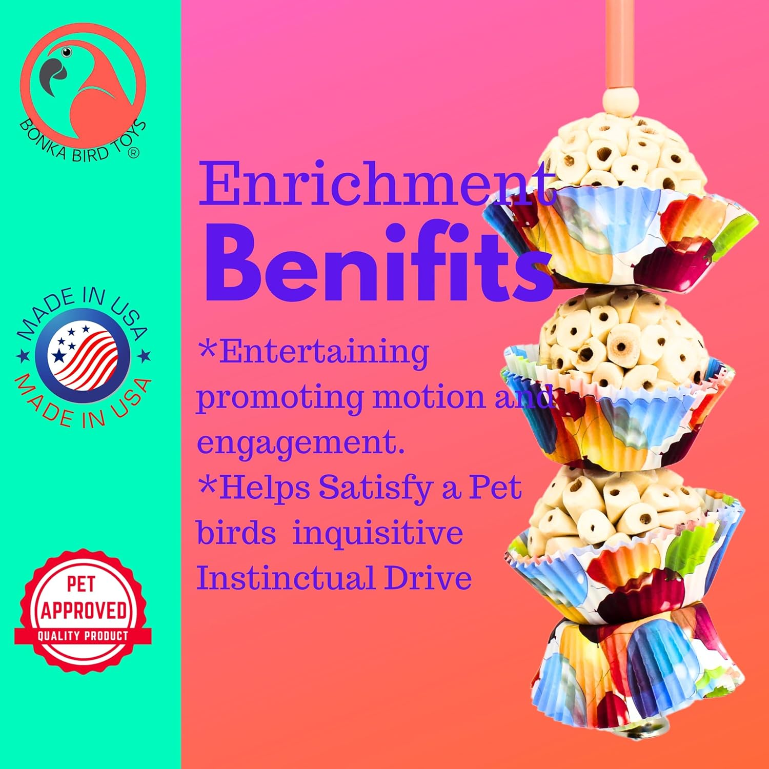 Bonka Bird Toys 1931 Three Cake, 11.75" Hanging Bird Toy with Sola Balls, Cupcake Cups, Wooden Beads, Bell, and Straw, Chewable and Shreddable. image number 6