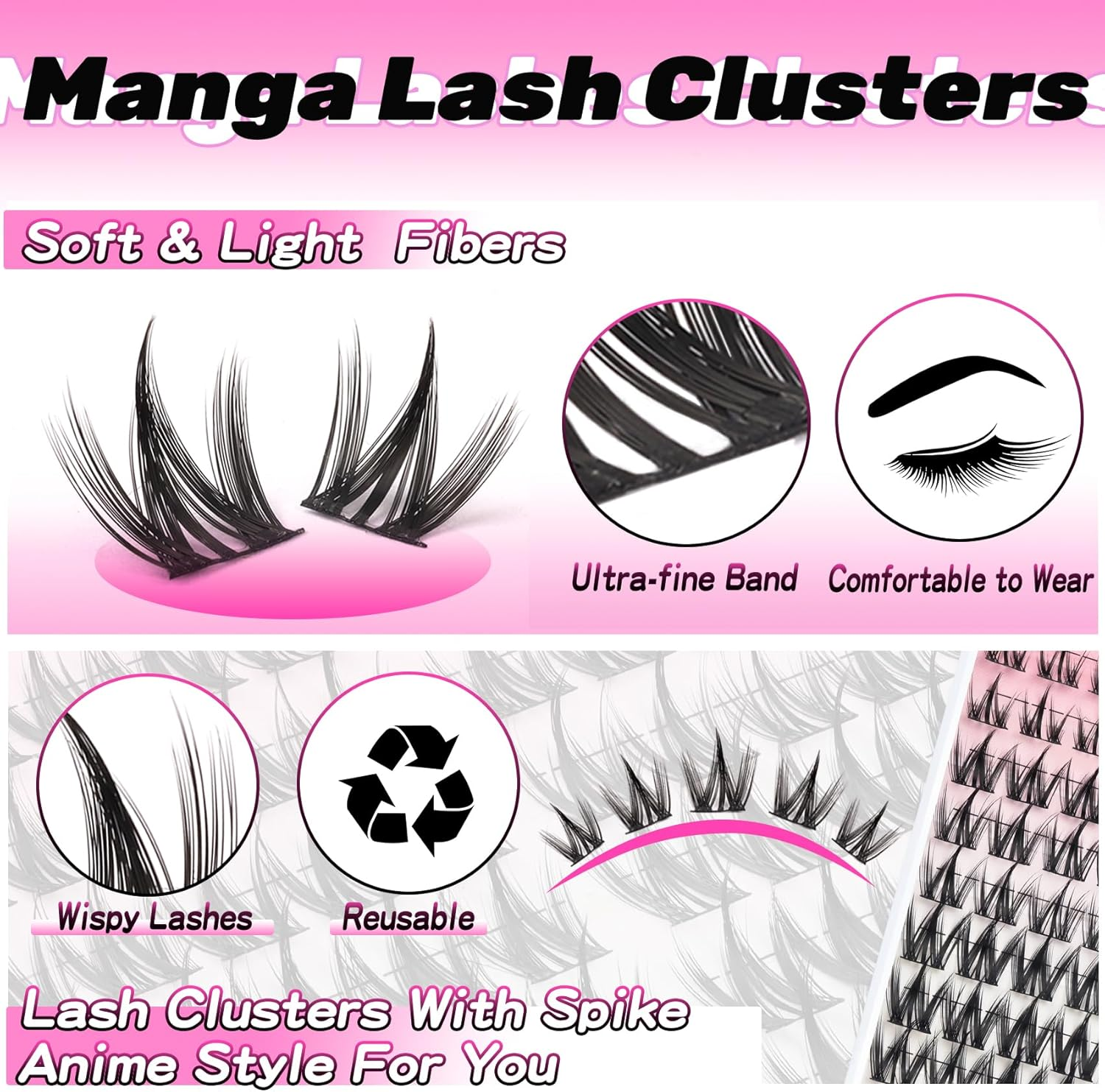 Veleasha Manga Lash Custers Set with Waterproof Lash Bond and Seal C Curl, 80 Pieces, 10-14 Mix Anime Cluster Eyelashes, Strong Hold, Non-Irritating Eyelashes, Glue for Eyelash Extensions (Begonia Kit image number 2