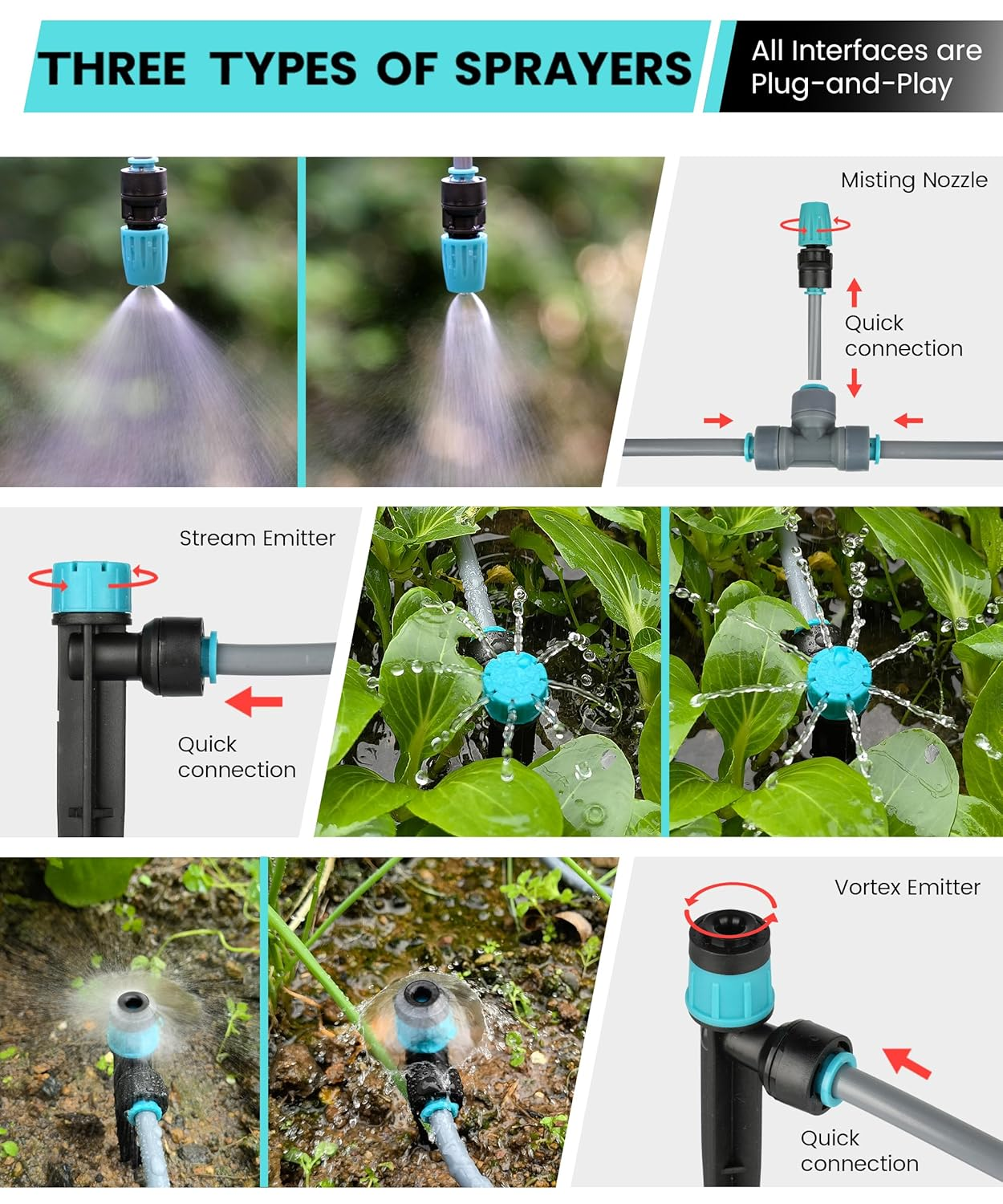 Automatic Drip Irrigation Kits with Quick Connect and Three Kinds Adjustable Nozzles, Y-Type Distribution Tubing, 33FT PE Pipe and 197FT PVC Tubing (Y6G12-197)
