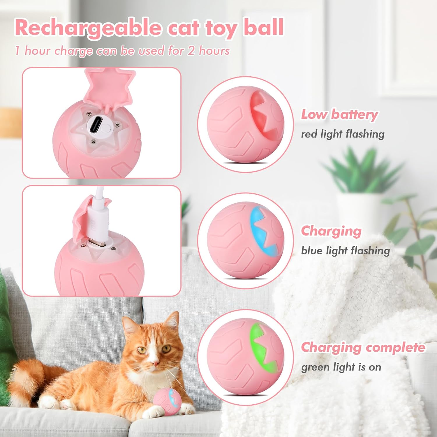 JIZZU Electric Cat Ball, Rolling Ball Interactive Cat Toy with LED Light, Pack of 4 Cat Toy, Intelligent Cat Ball, 360&deg; Self-Rotating Toy, Spiral Springs, Pink image number 5