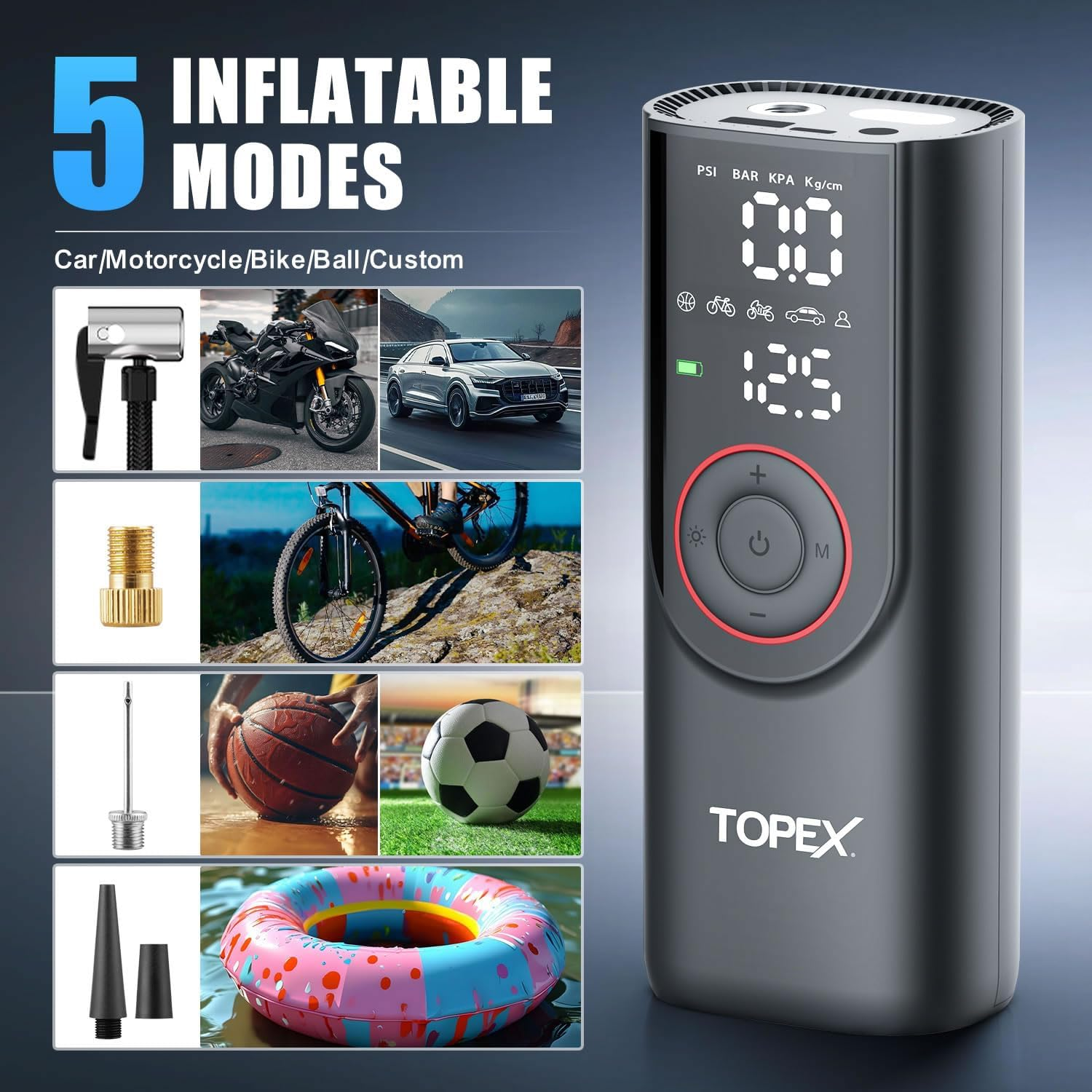 TOPEX 12V Car Tyre Inflator Portable Air Compressor Cordless Air Pump 150PSI Air Pump Dual Power Electric Tyre Pump with LED Light & LCD Display for Car/Motorcycle/Bike/Ball/Custom image number 5