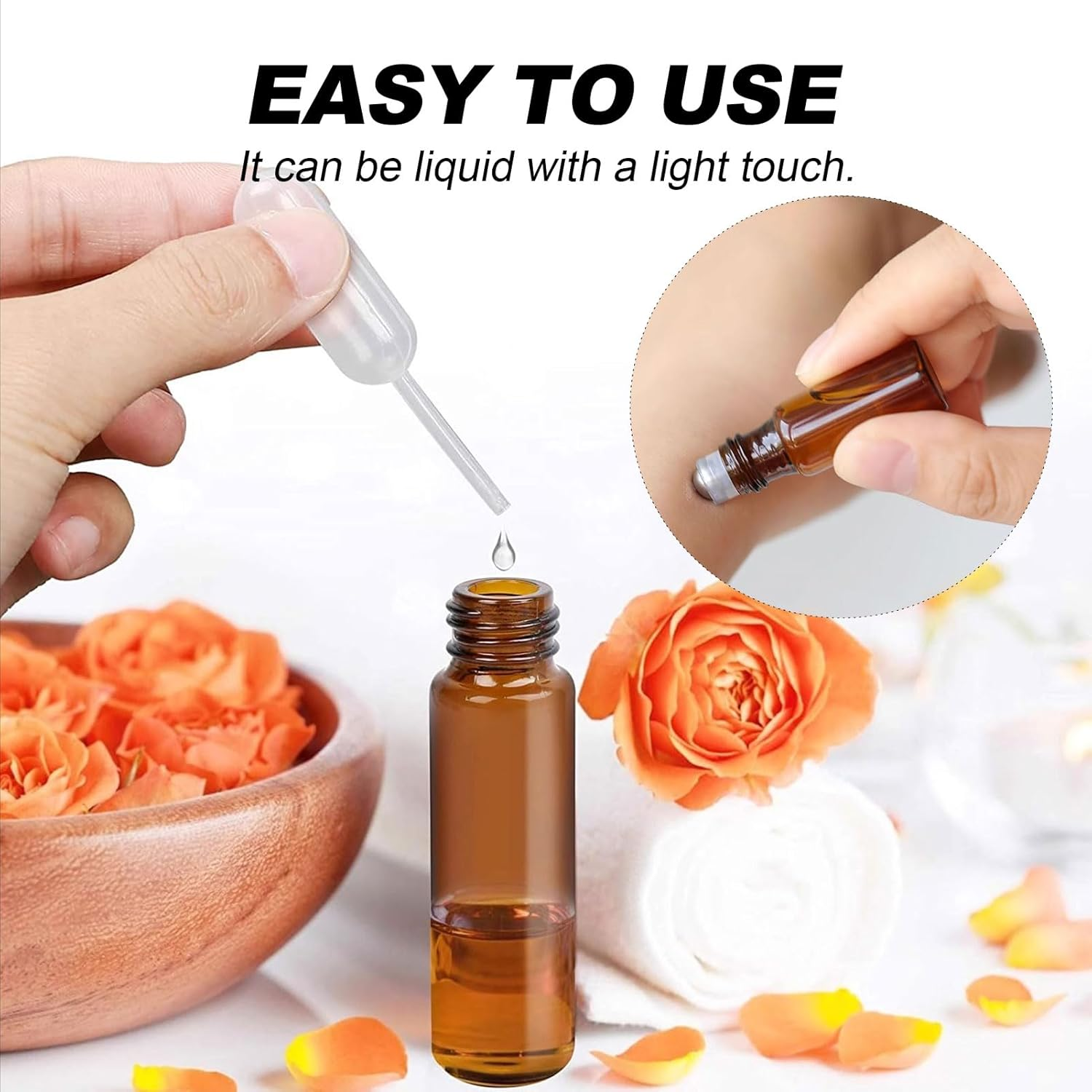 Essential Oil Bottle, 5 Pcs Perfume Oil Vial, 10 ML Massage Roller Amber Thick Glass Bottle with Massage Roller, Lids, Root Comb Applicator Vial, Perfume Travel Vial for Facial Body Care image number 3