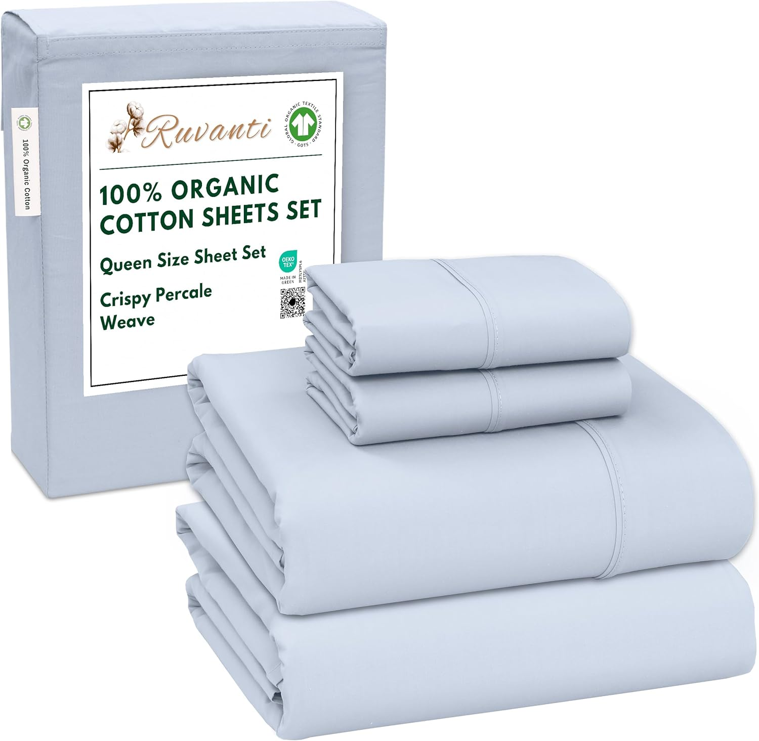 RUVANTI 100% Organic Cotton Sheets Queen Size, Percale Weave, GOTS Certified, 4-Piece Set, Deep Pocket 15", Crisp & Breathable, Soft Durable Bedding, S&aacute;banas Algod&oacute;n Org&aacute;nico &ndash; Cloud Cream