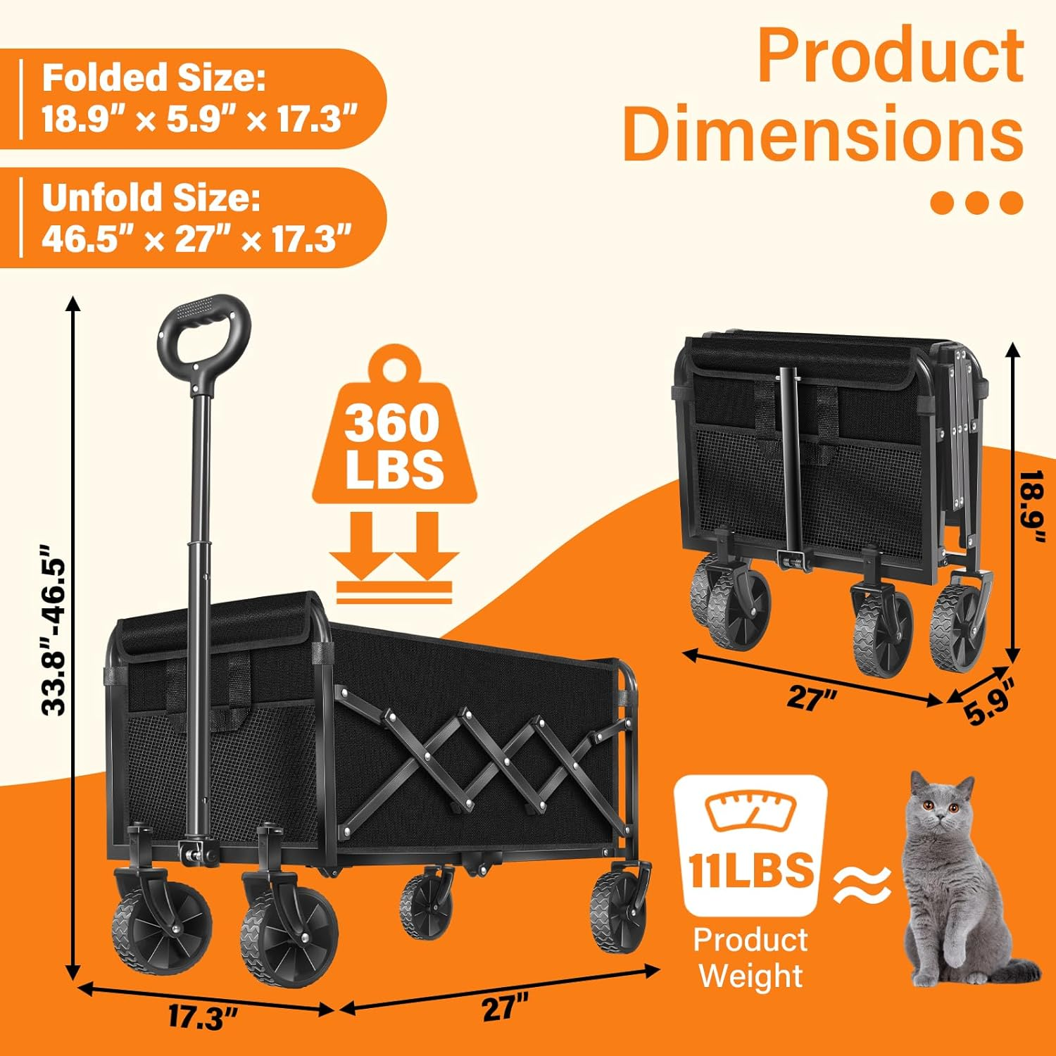 Folding Wagon Cart with Wheels, Lightweight Portable Wagons Carts Foldable 360 Lbs, Collapsible Wagon with Flexible Handle for Grocery Beach Sports Garden Shopping Camping image number 1