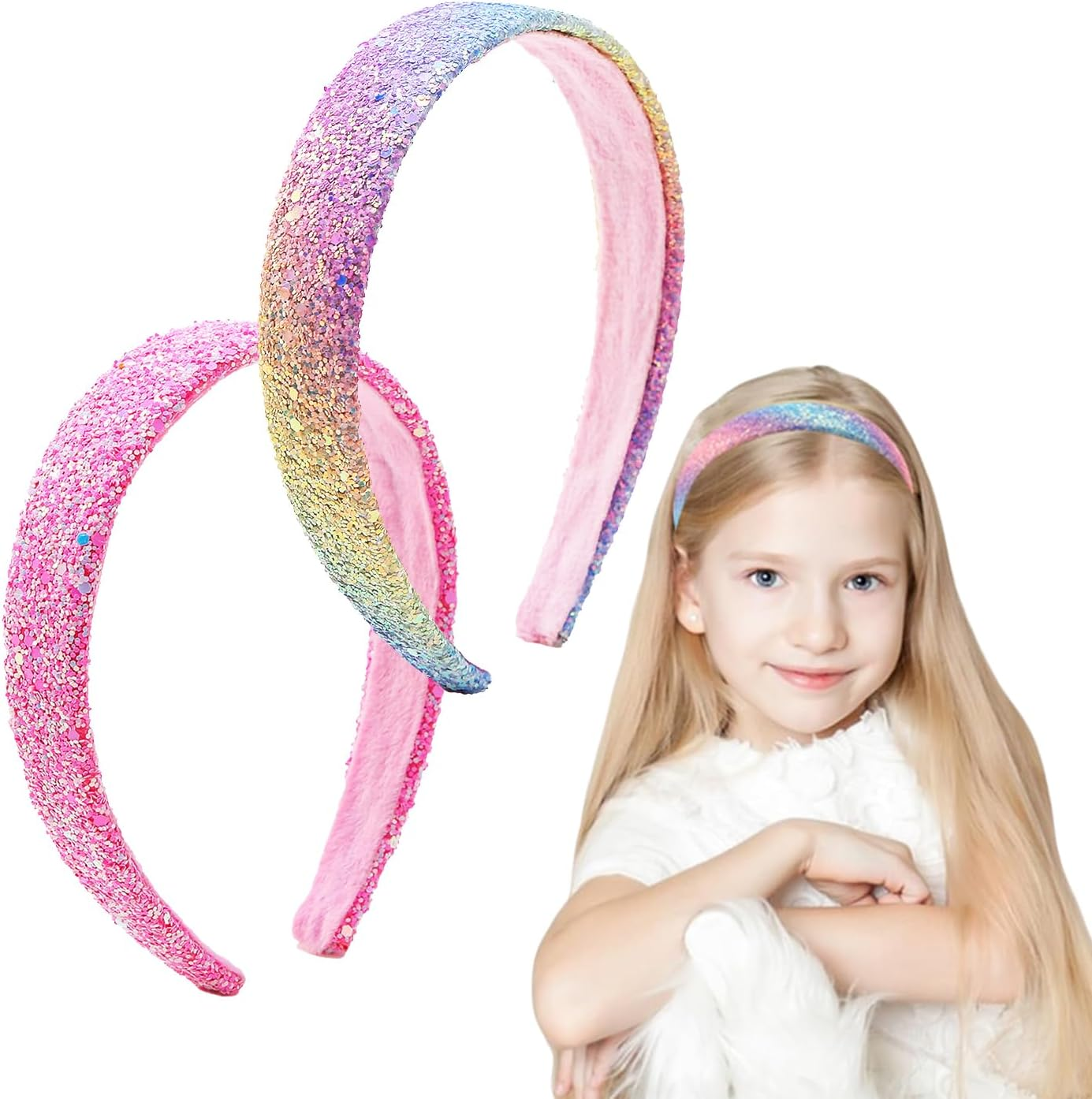 Norhogo Pack of 2 Glitter Headbands for Girls, Girls Headbands, Glitter Headbands for Girls, Hair Hoop Women'S Glitter, Rainbow Sequins Hair Accessories for Children Women image number 5