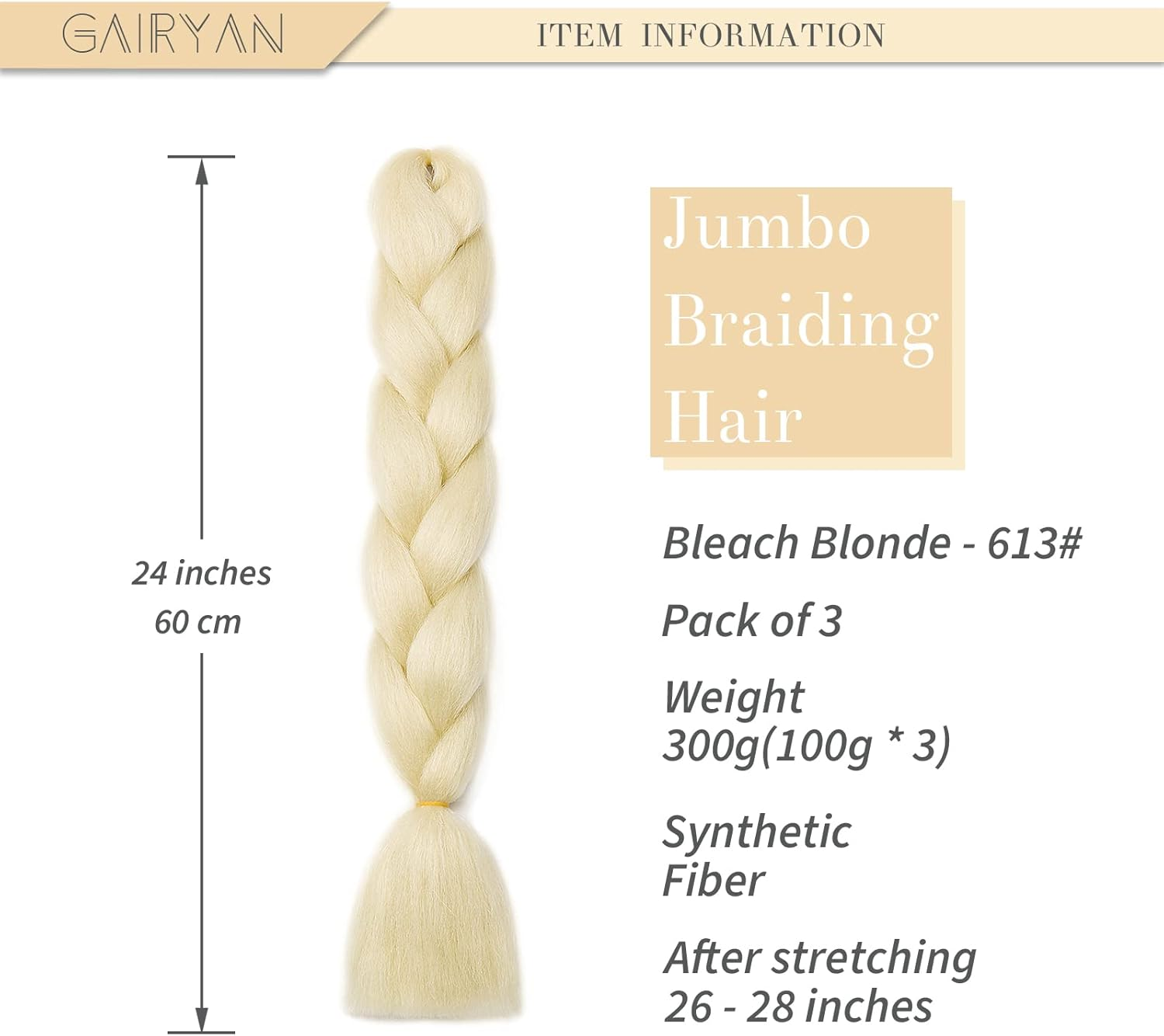 Gairyan 24 Inch Jumbo Braids Extensions Synthetic Hair for Braiding Hair Extensions 3 Bundles Braiding Hair Ombre Synthetic Hair Braids Braiding Extensions Box Braid Crochet Twists 300 G (Bleached Blonde) image number 2
