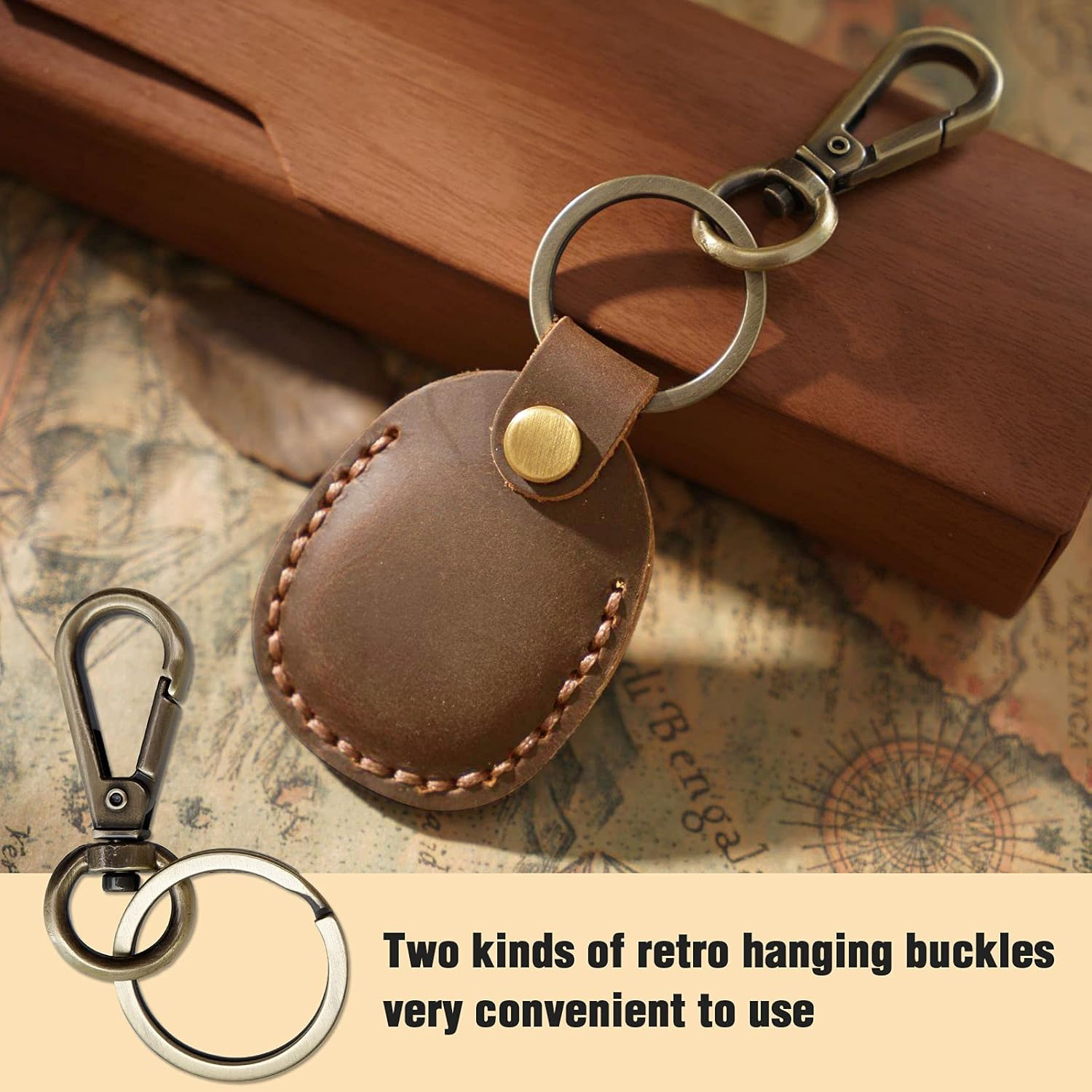 Leather Airtag Holder with Keychain, Portable Handmade Genuine Leather Air Tag Holder with Keyring Full Coverage image number 4