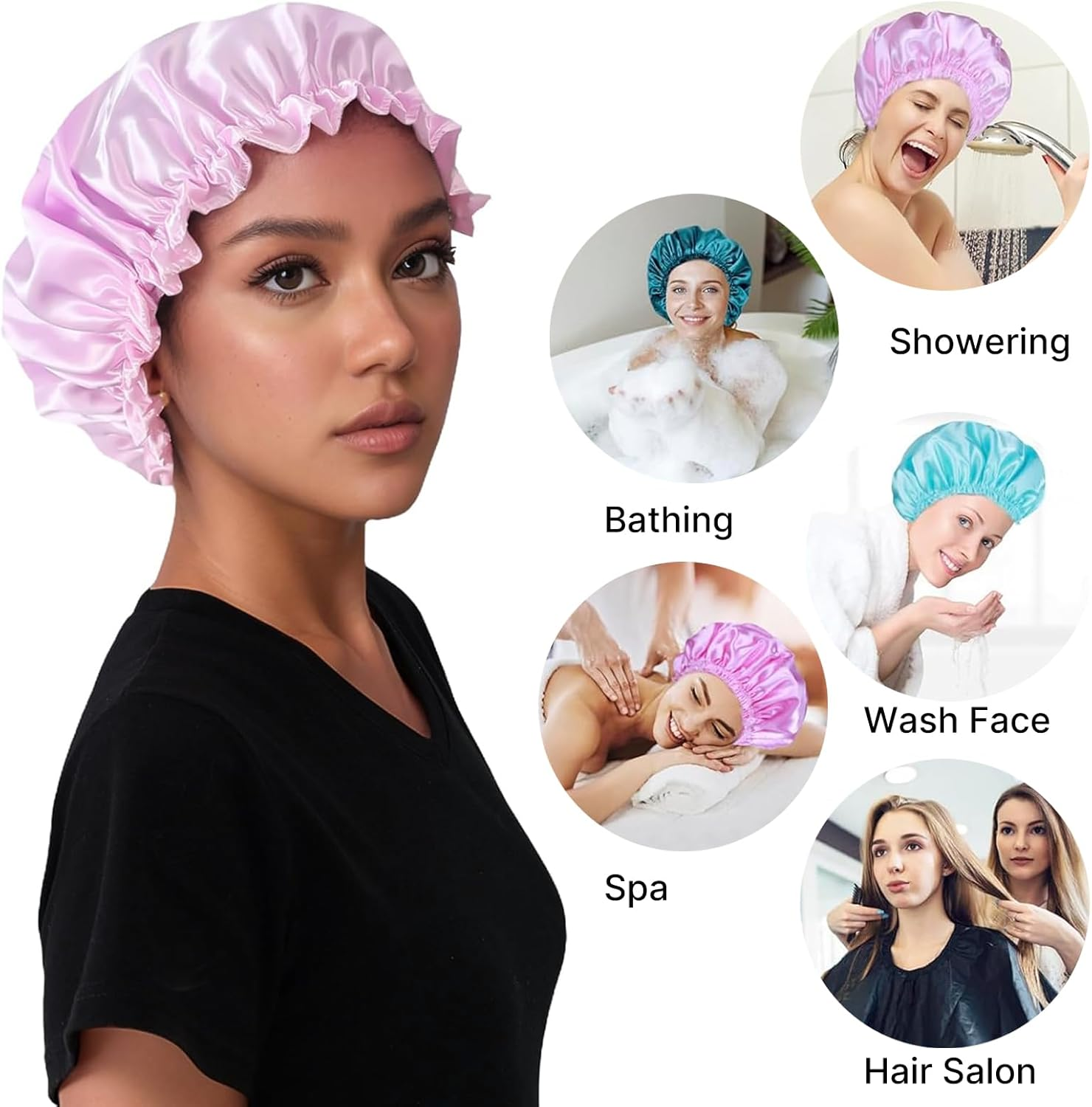 4PC Satin Lined Shower Caps Set, Large Waterproof Reusable Bath Hair Caps for Women with Long Hair, Premium Shower Bonnets & Plastic Hair Treatment Caps Accessories image number 6