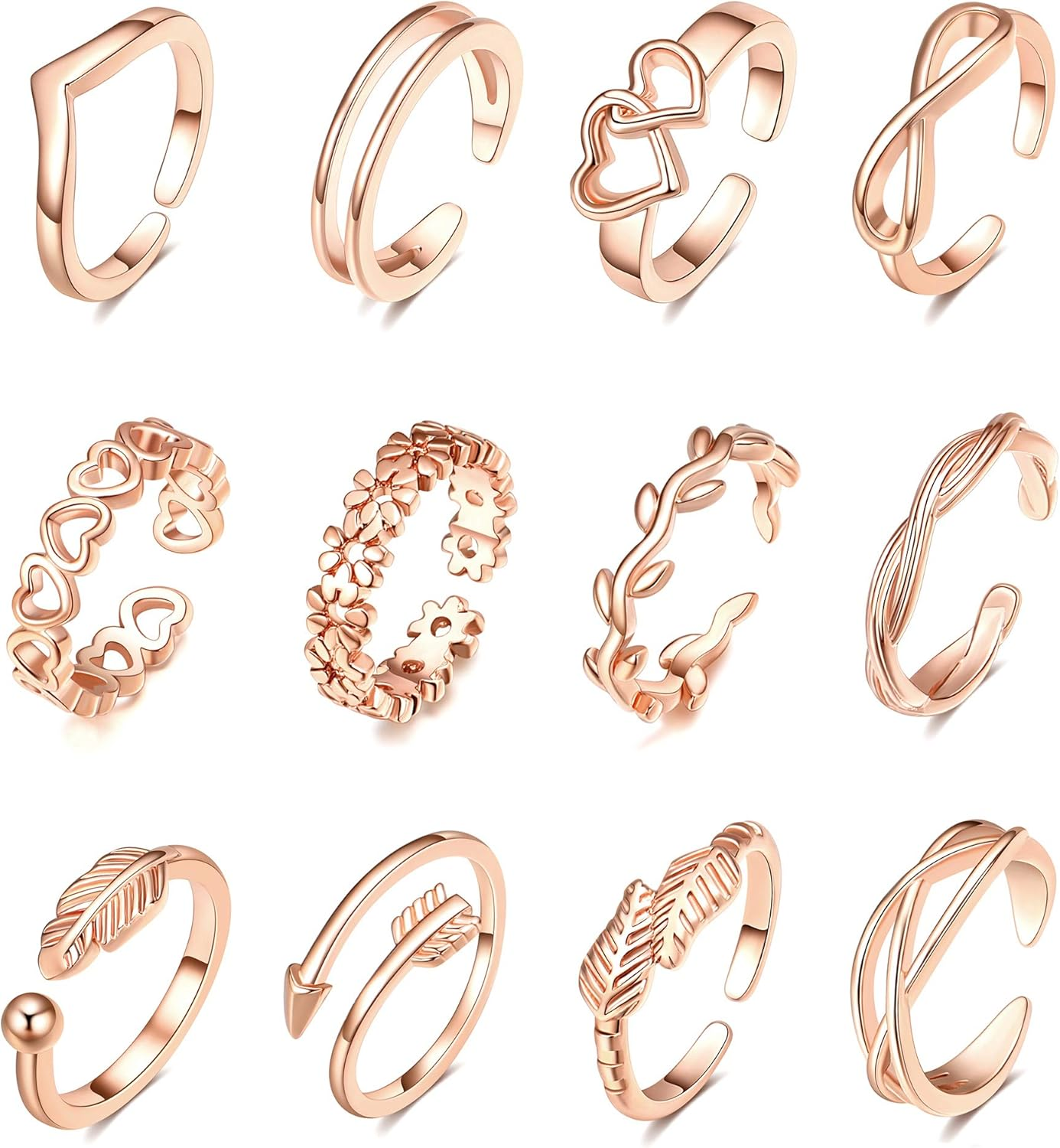 TOBENY 12PCS 14K Gold Plated Adjustable Toe Rings for Women Flower Arrow Band Open Tail Ring Women Beach Foot Jewelry Set