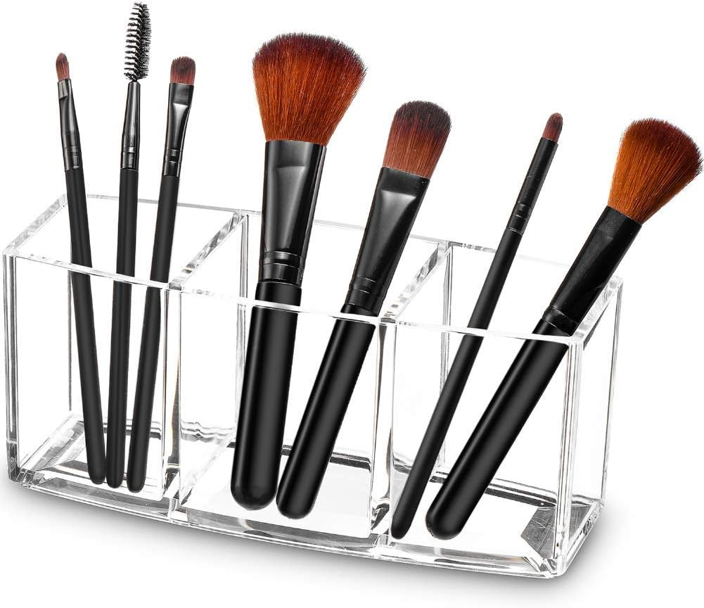 Geiwogwc Clear Acrylic Makeup Brush Holder Organizer, 3-Slot Brush & Cosmetic Storage Case, Display Stand for Eyeliners, Eyebrow Pencils, Lipsticks &ndash; Space-Saving Desktop Organizer image number 1