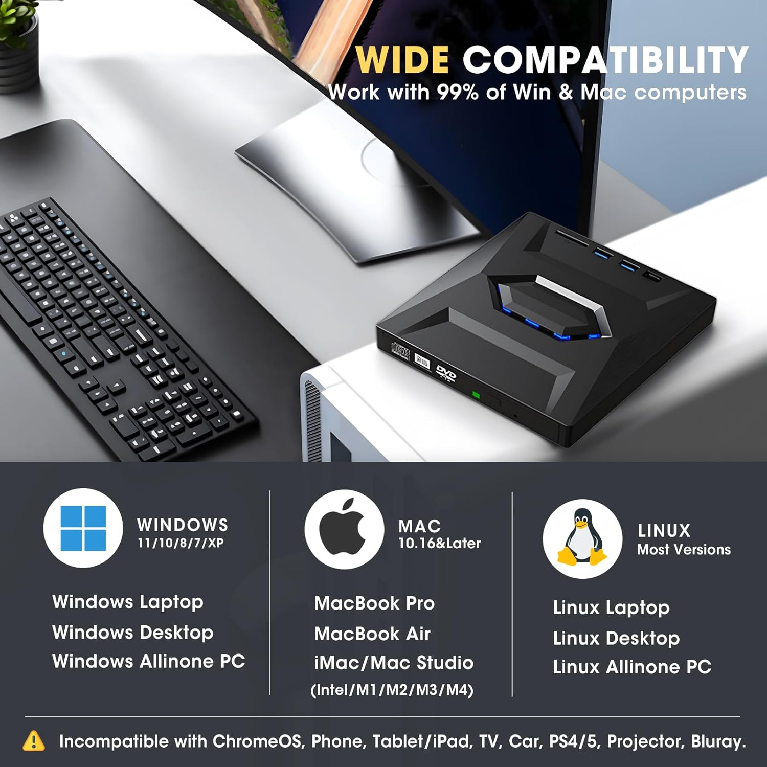 ROOFULL External CD DVD Drive USB 3.0 & USB-C CD ROM Burner DVD Player with USB Hub and SD Card Reader, Portable CD DVD +/-RW Optical Disk Drive Writer for Laptop PC Windows 11/10, Mac, Linux Computer